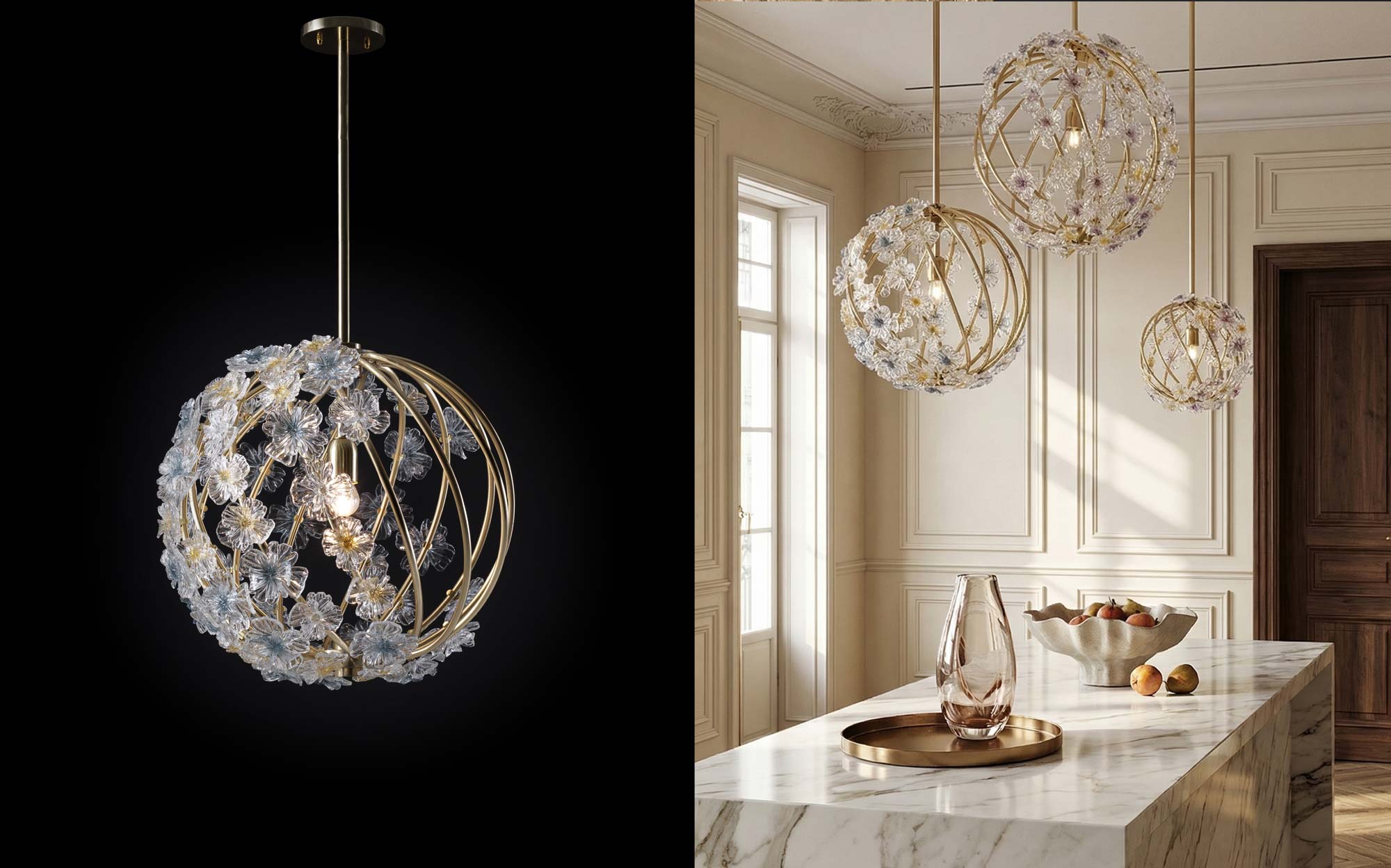 Badari crystal pendant light with handcrafted Italian luxury design
