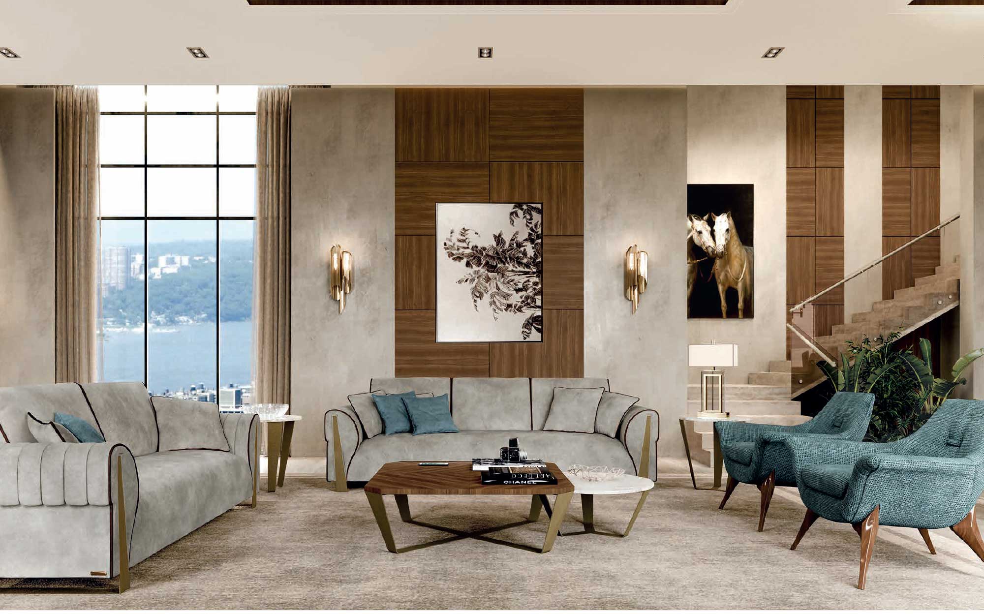 Elegant living room from the Cloe collection by Ceppi featuring upholstered sofas and armchairs, designer coffee tables and Canaletto walnut wall panels in a refined contemporary interior.