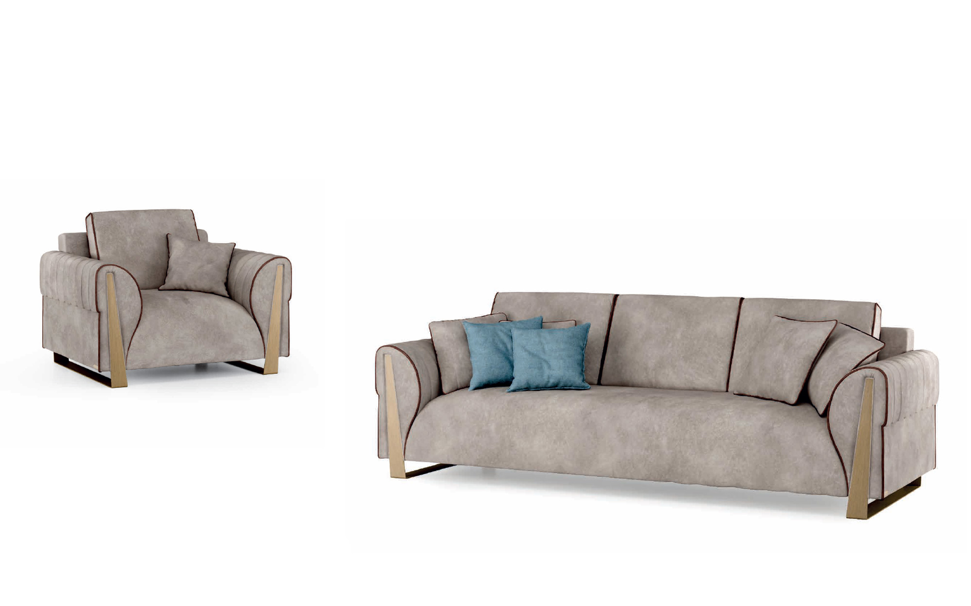 Upholstered sofa and armchair from the Cloe collection by Ceppi with refined fabric upholstery and gold metal details, elegant furniture for a luxury contemporary living room.