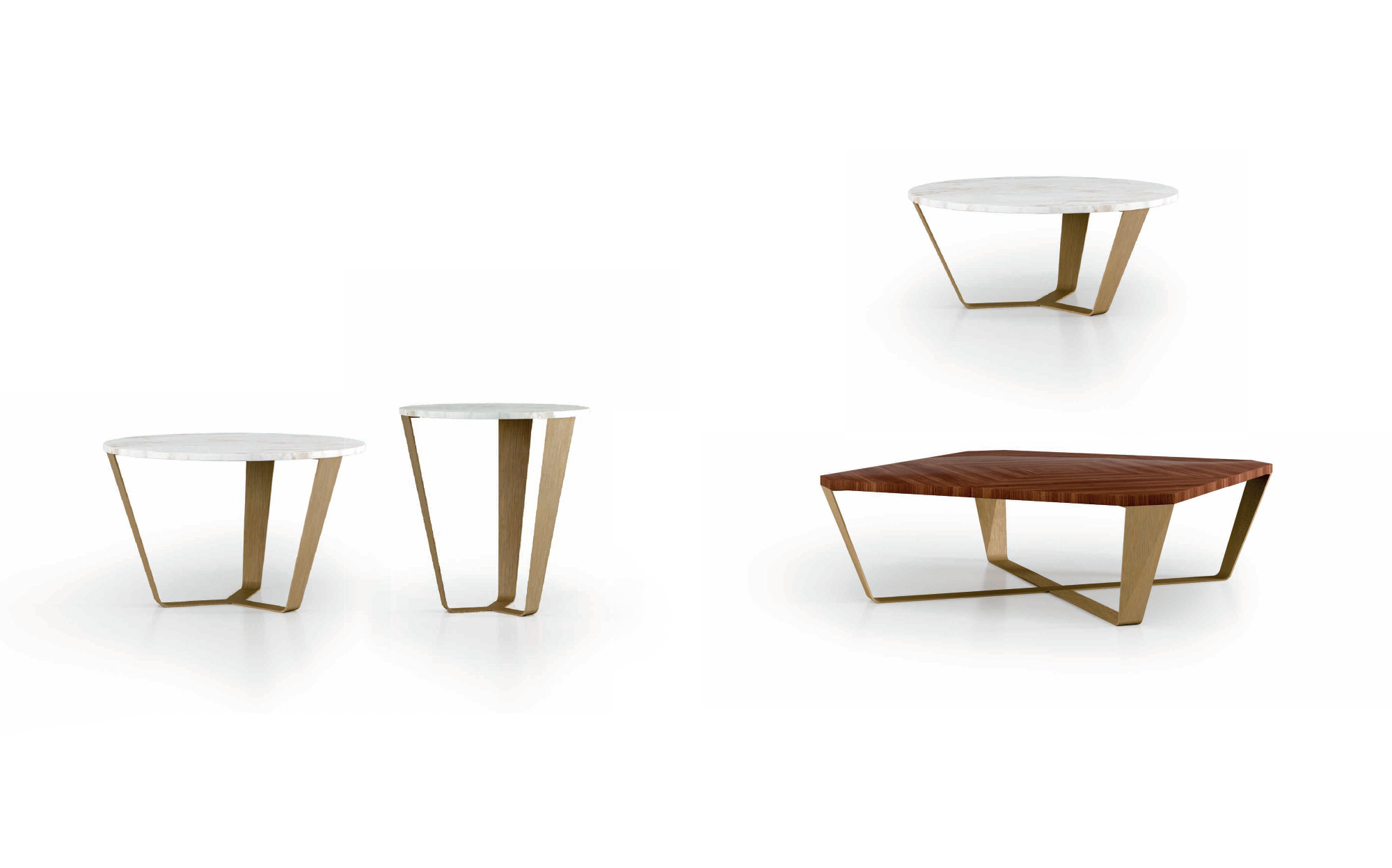Coffee tables from the Cloe collection by Ceppi featuring marble and Canaletto walnut tops with elegant gold metal bases, refined designer tables for luxury living rooms.