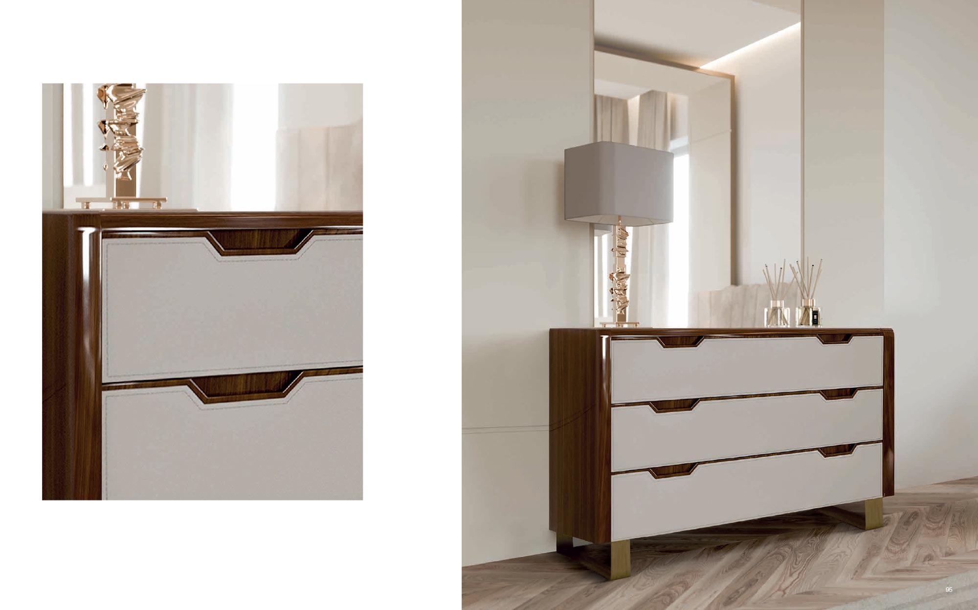Elegant chest of drawers from the Cloe collection by Ceppi in Canaletto walnut with light upholstered fronts and gold metal details, refined storage furniture for luxury interiors.