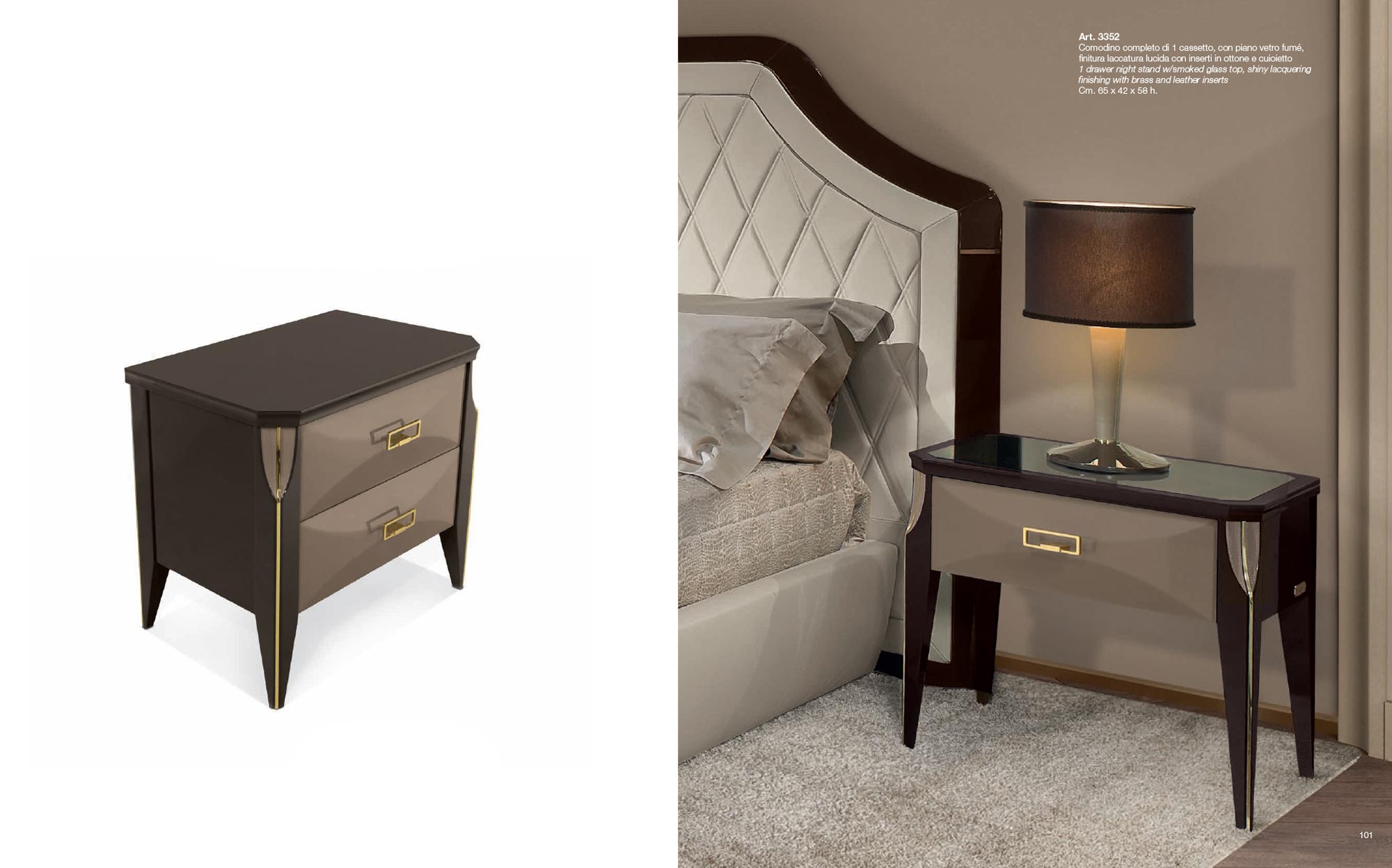 Elegant bedside table from the Cloe collection by Ceppi featuring lacquered drawers, smoked glass top and brass details, refined furniture piece for a luxury bedroom.