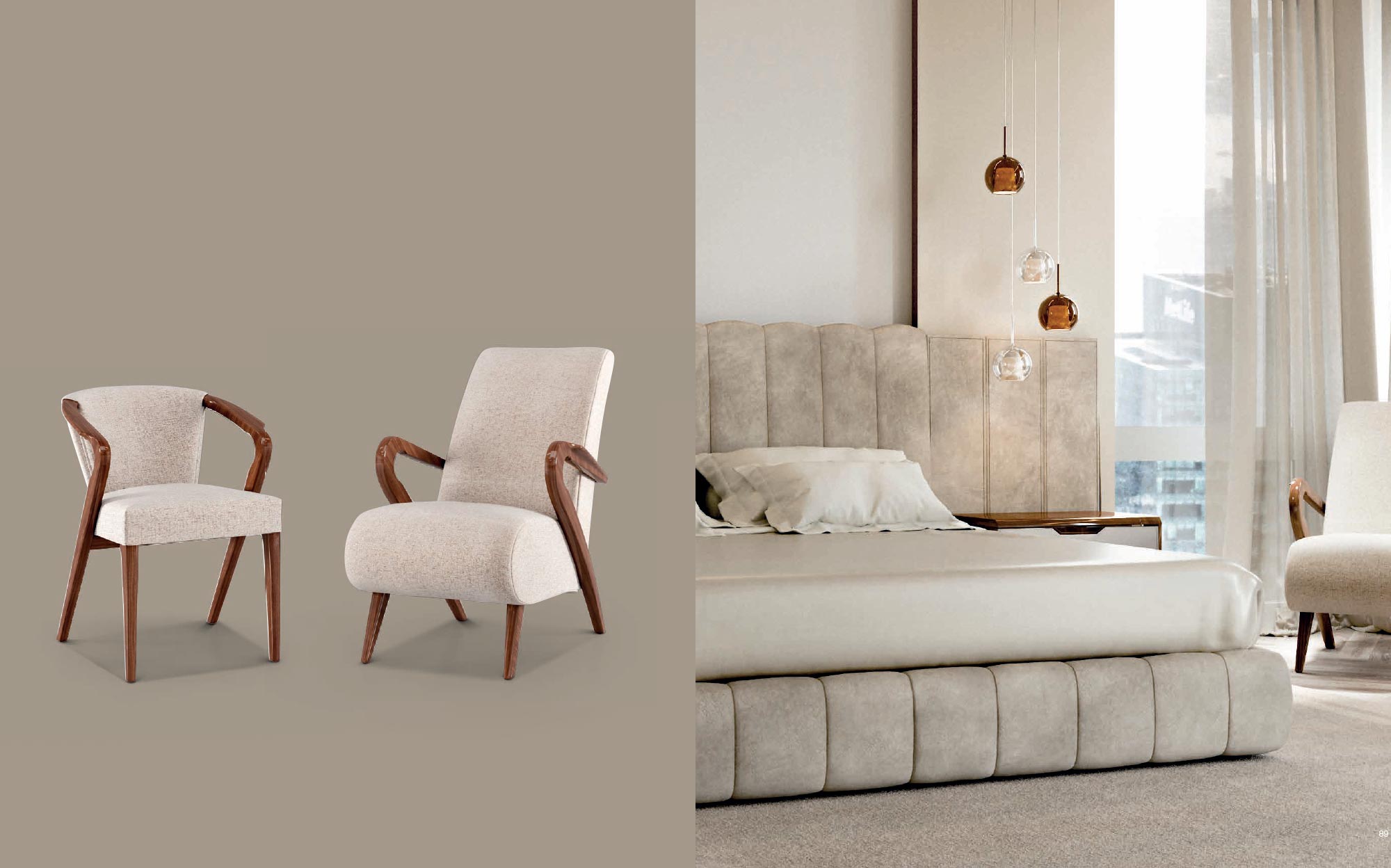 Upholstered armchair and chair from the Cloe collection by Ceppi featuring Canaletto walnut structure and light fabric upholstery, elegant designer seating for luxury interiors.