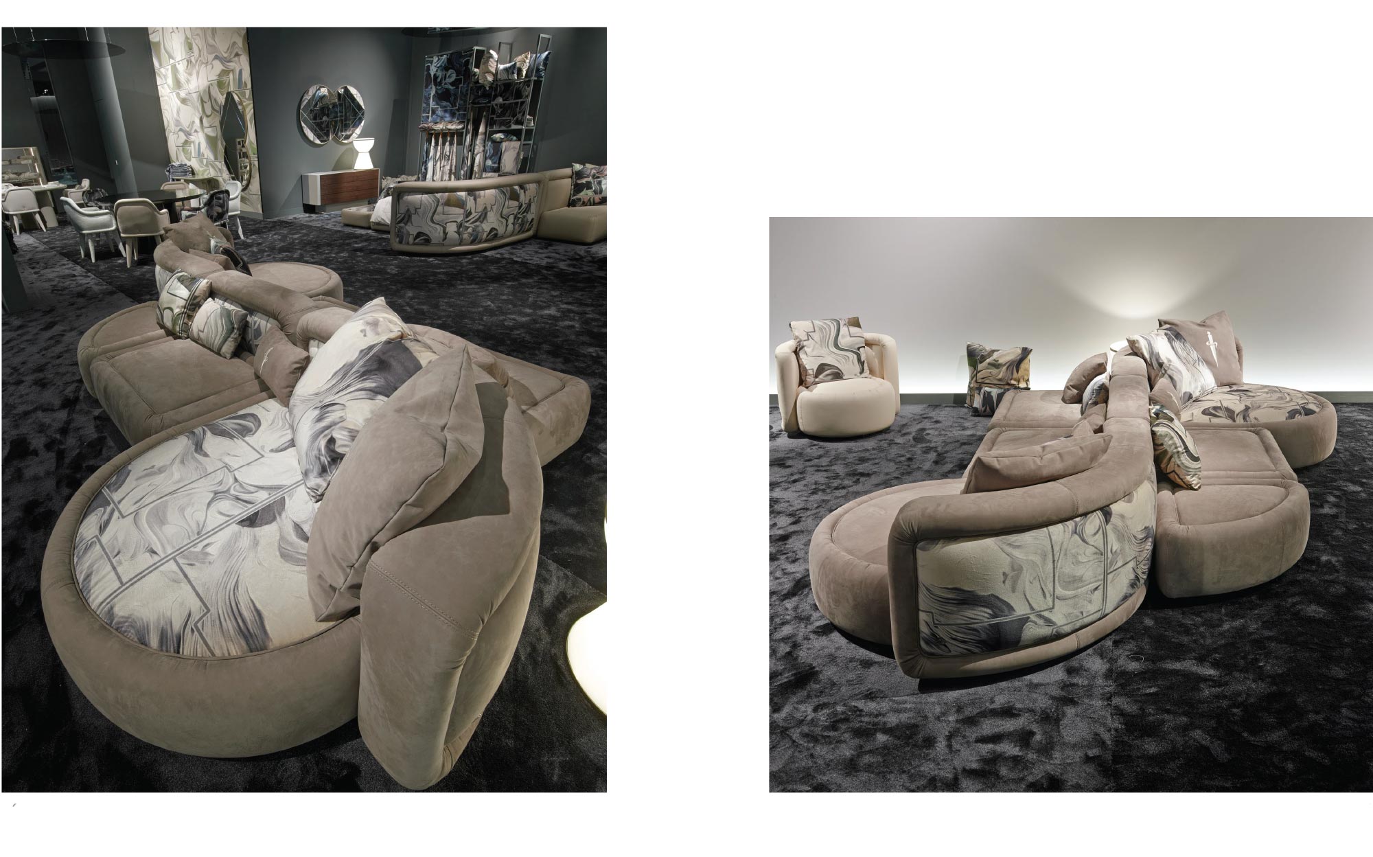 Modern curved sofa with printed fabrics by Cesare Paciotti Home | 101DOMUS Curved velvet sofa by Cesare Paciotti Home with artistic patterned upholstery