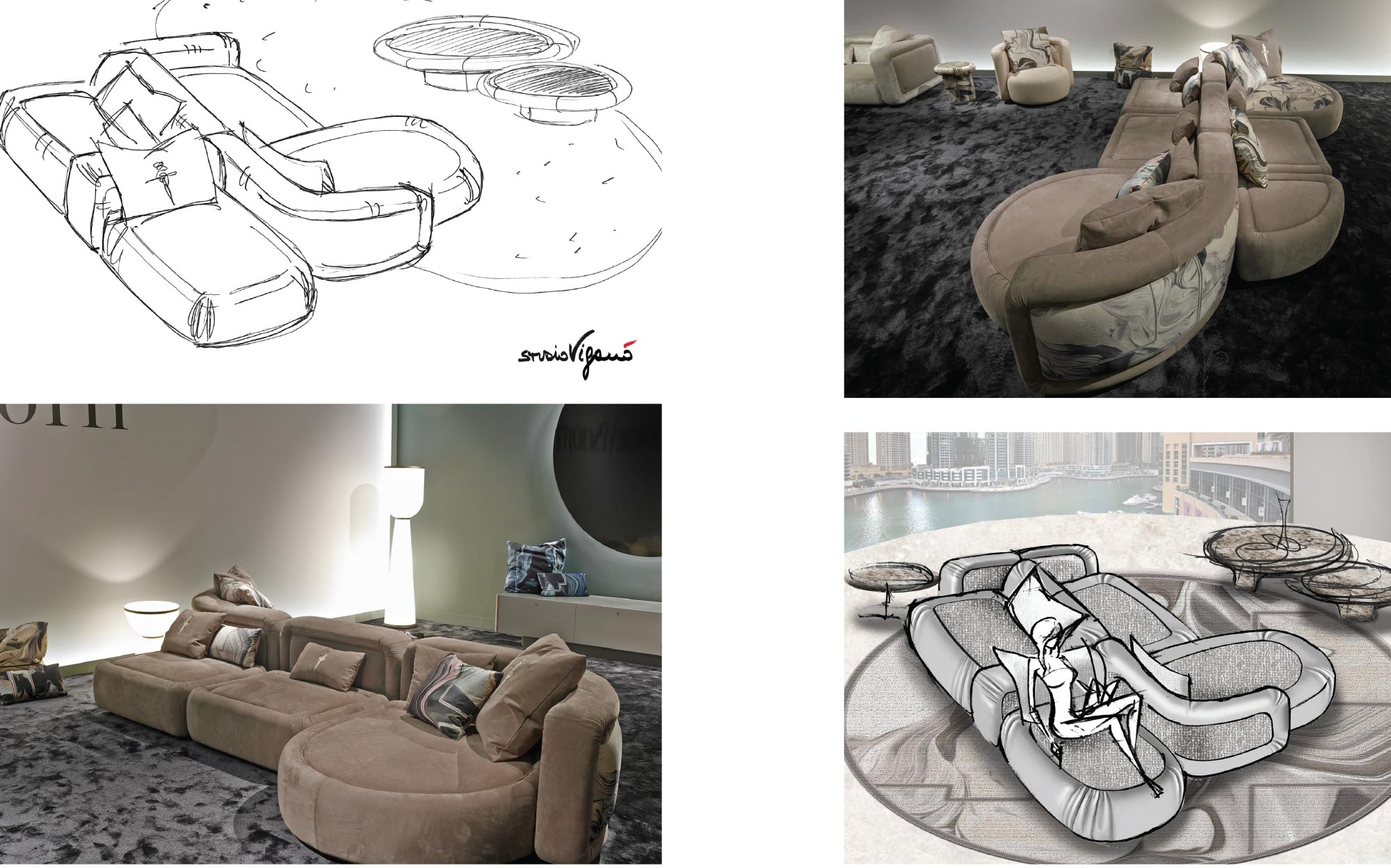 From concept to product: Cesare Paciotti Home sofa design and realization | 101DOMUS Sketches and views of Cesare Paciotti Home curved sofa with decorative fabrics