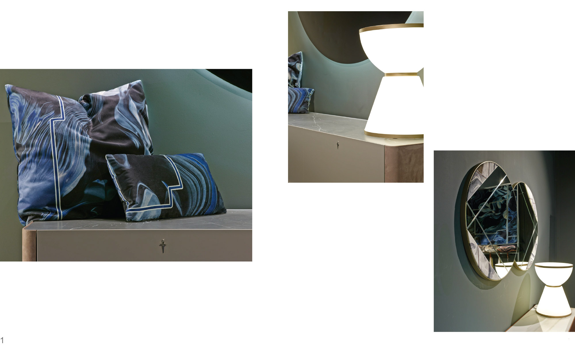 Stylish accessories: cushions, lamp and designer mirror | Cesare Paciotti Home | 101DOMUS Details of decorative cushions, sculptural table lamp, and geometric mirror by Cesare Paciotti Home