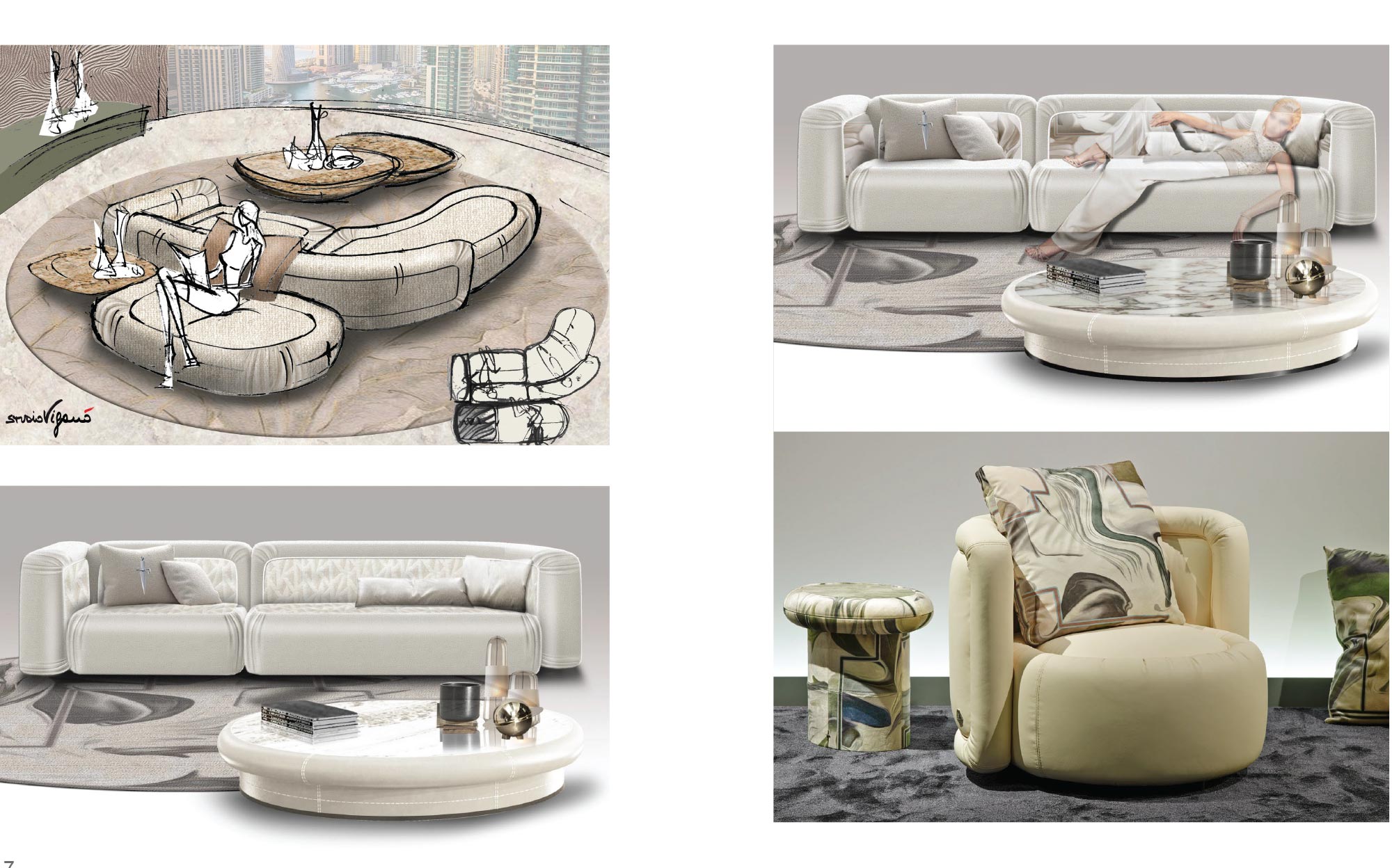 Modern design with sofa and pouf by Cesare Paciotti Home | 101DOMUS Cesare Paciotti Home sofas and armchair with pouf, design sketch and styled setting