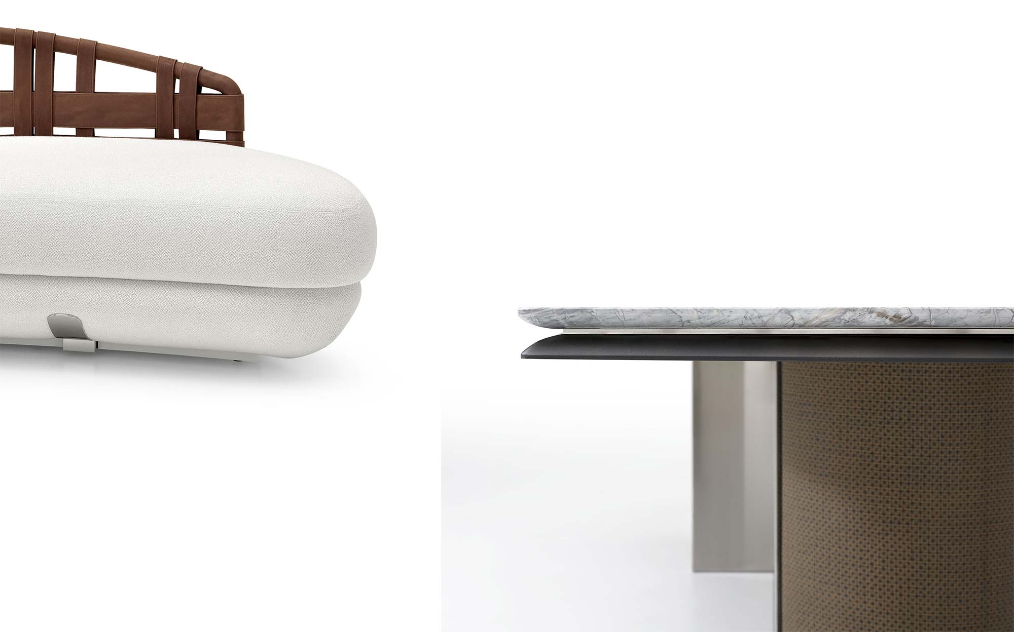 Откройте мастерство Daytona: кожаное плетение и мрамор высшего качества | 101DOMUS Детали дивана с кожаным плетением и стола с мраморной столешницей – Daytona