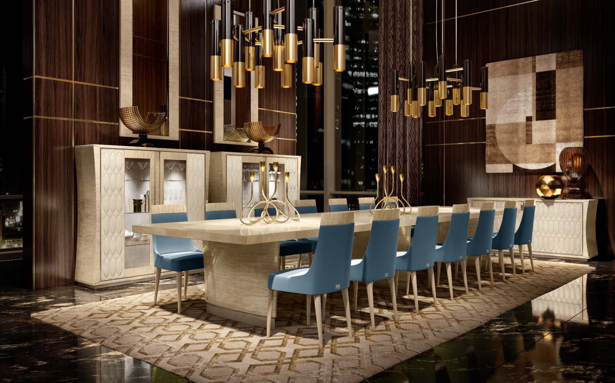 Tavolo da pranzo con piano in vetro e base scultorea | Tonin Casa | 101DOMUS Tavolo da pranzo moderno in vetro scuro con base geometrica e sedie grigie Tonin Casa
