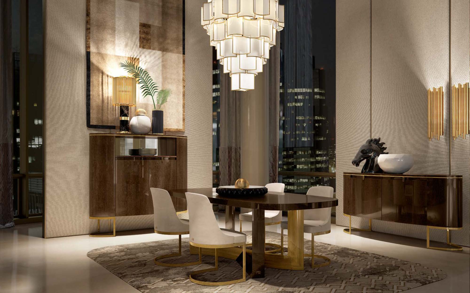 Tavolo con base scultorea e piano in vetro nero | Tonin Casa | 101DOMUS Tavolo da pranzo Tonin Casa con piano in vetro e base scultorea beige
