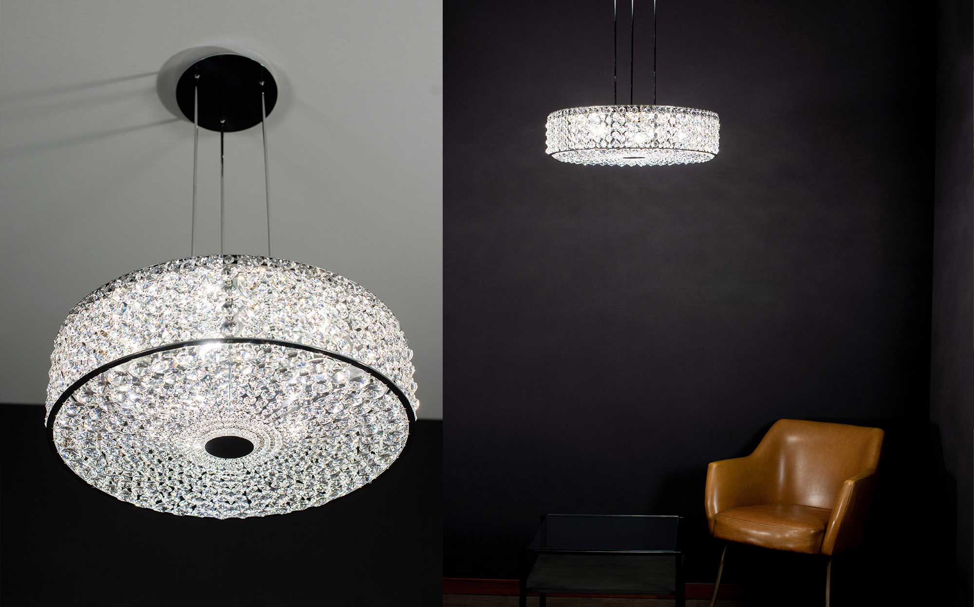 G. Moscatelli Modern Crystal Pendant Chandelier | 101domus Modern crystal pendant chandelier by G. Moscatelli with circular design and faceted crystal elements, elegant Italian luxury lighting for contemporary interiors.