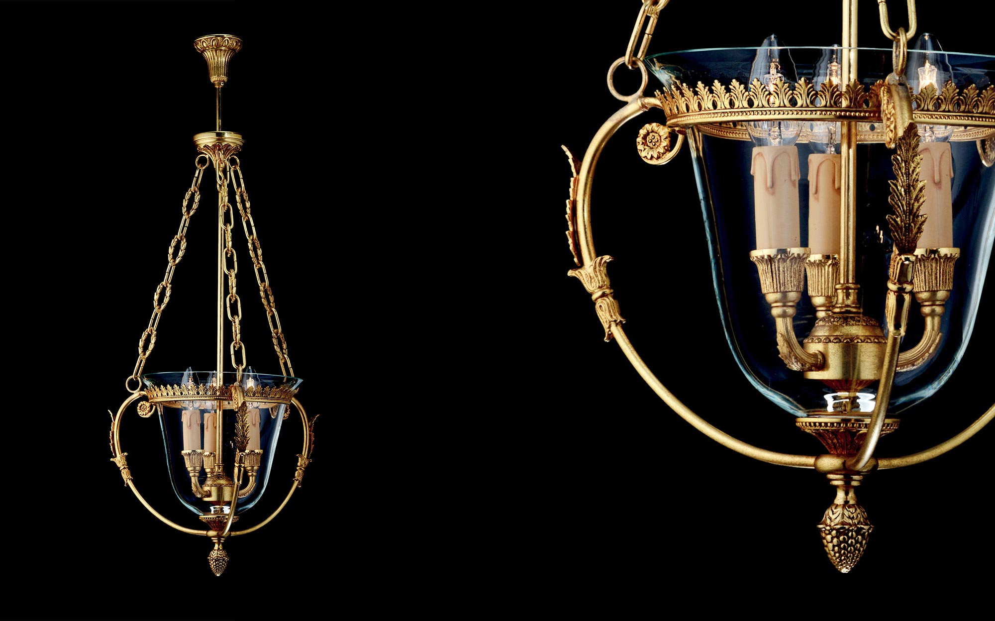 G. Moscatelli Classic Lantern Chandelier | 101domus Classic lantern chandelier by G. Moscatelli in gilded brass with glass cylinders and candle-style lights, elegant Italian luxury lighting for classic interiors.