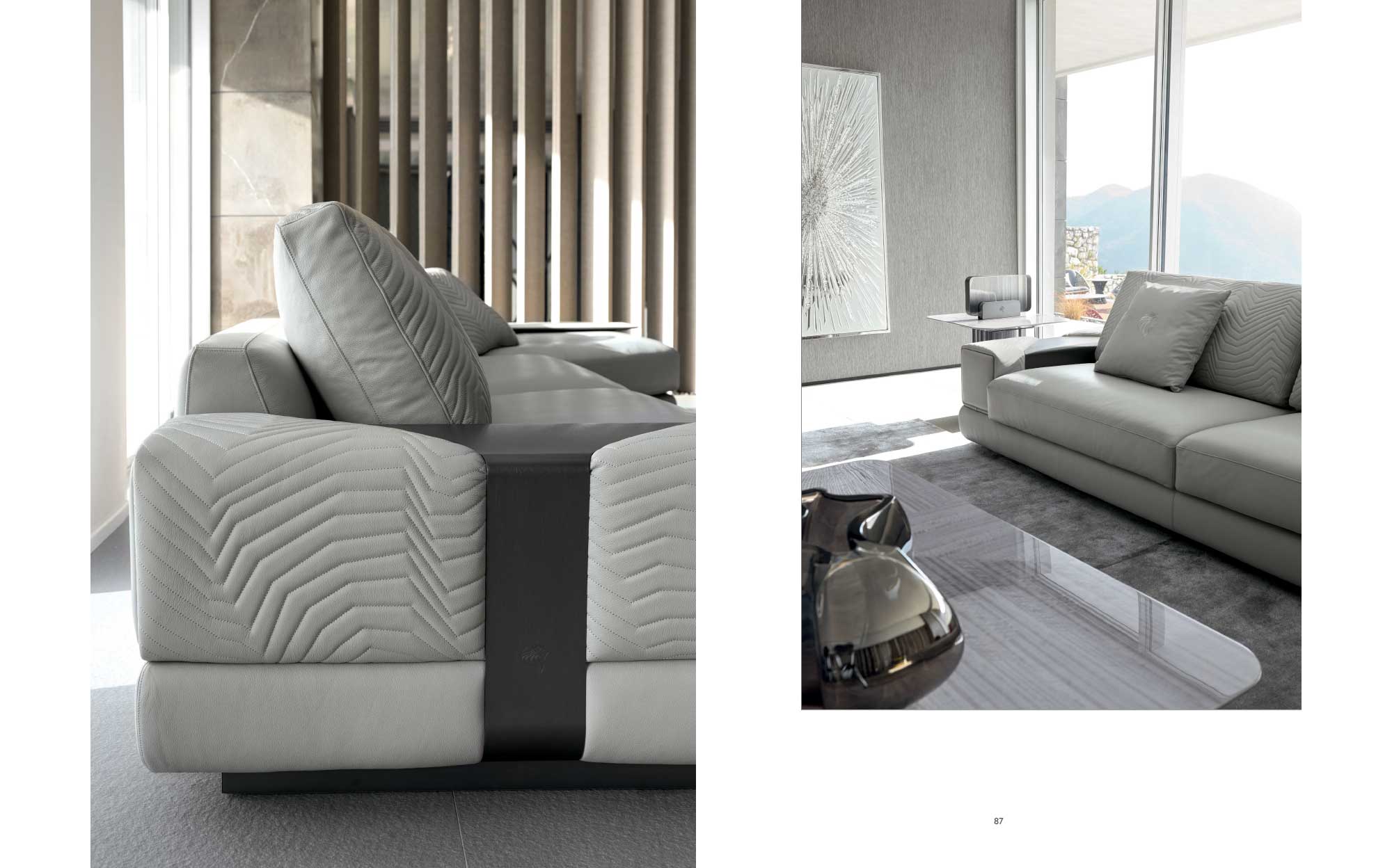 Contemporary sofa with geometric design and elegant finishes | 101DOMUS Modern light leather sofa with quilted details and glass coffee table