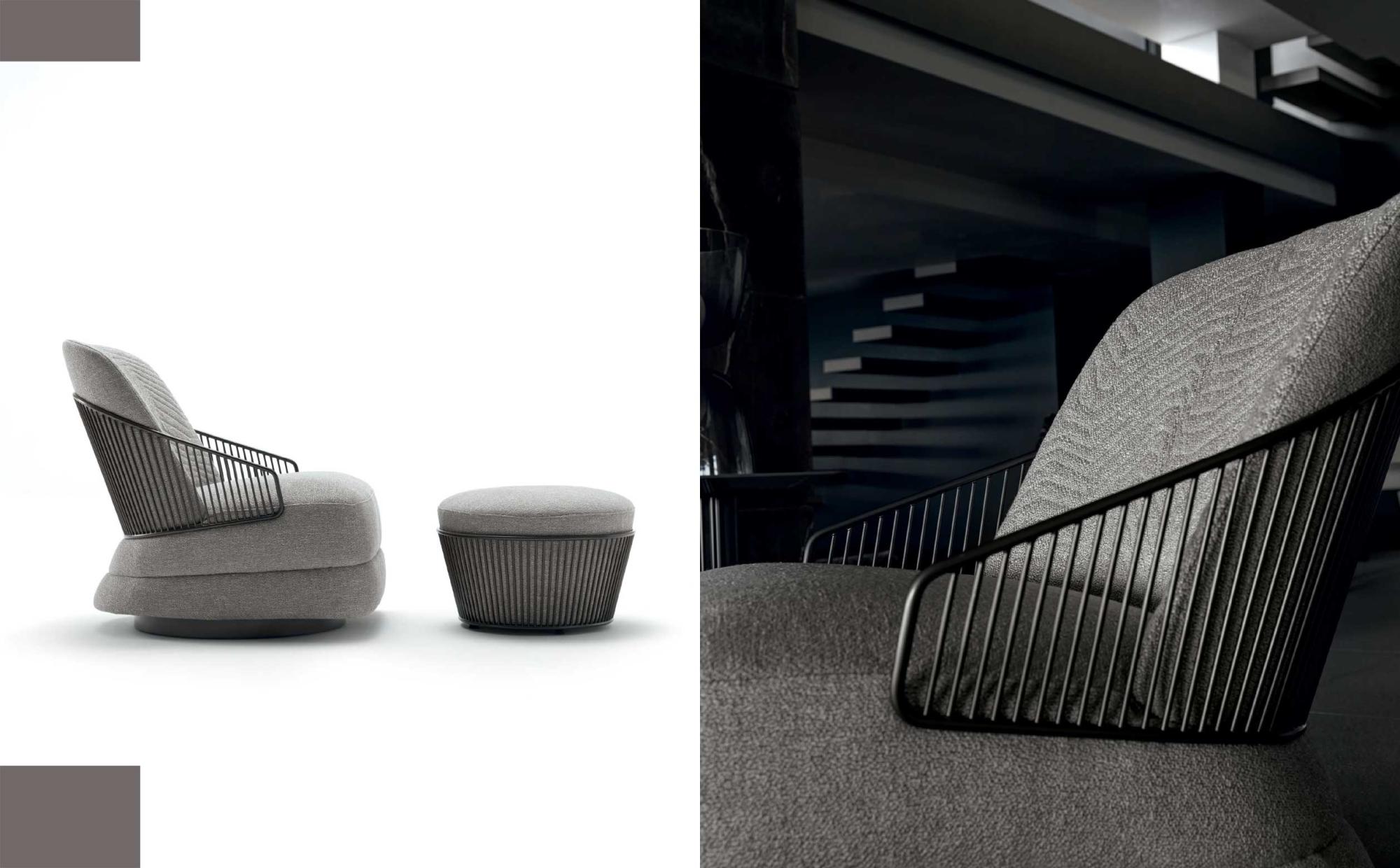 Armchair with metal frame and matching grey fabric ottoman | 101DOMUS Modern grey armchair with footstool and metal armrests