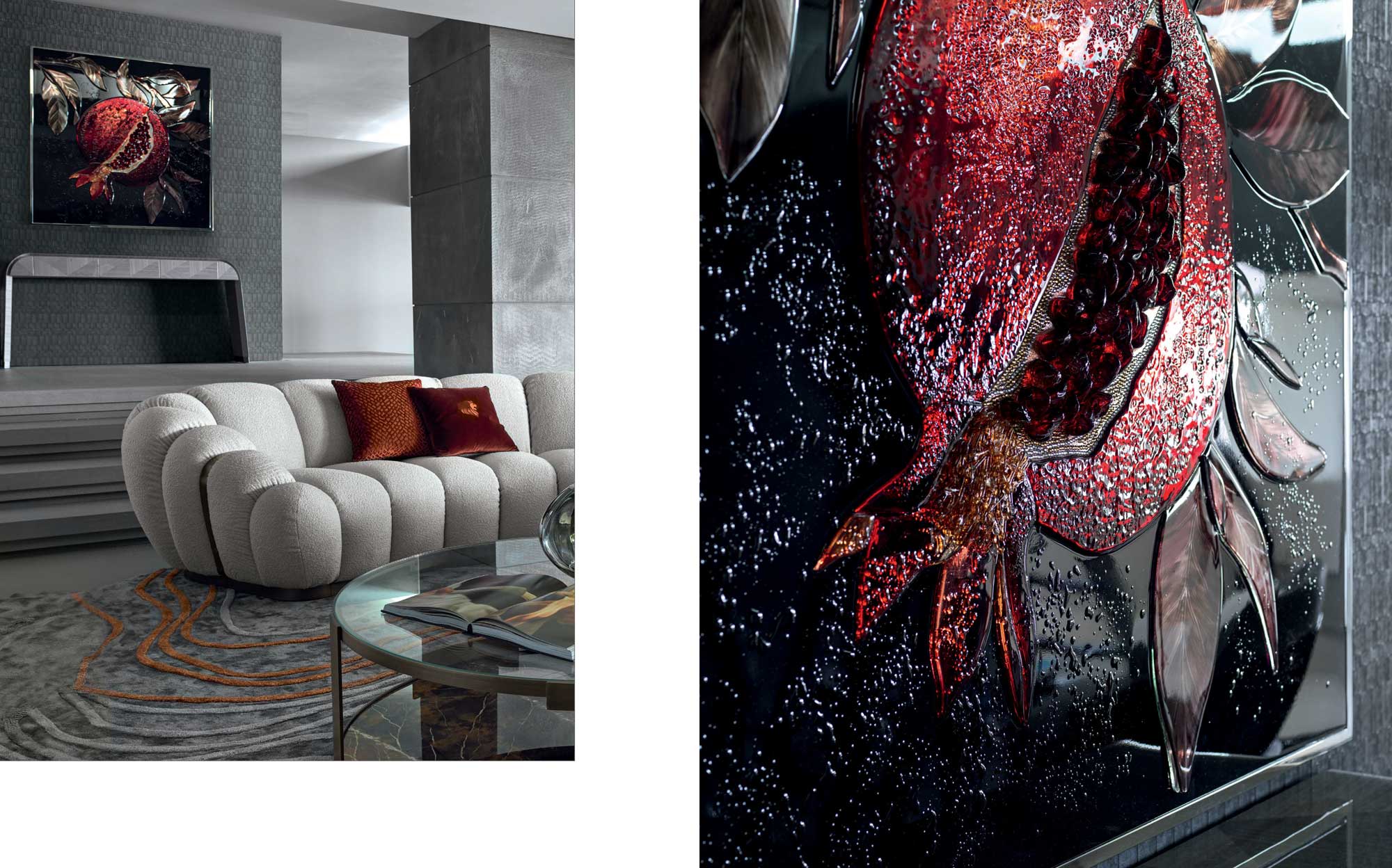 Contemporary interiors with decorative pomegranate art in glass | 101DOMUS Living room with light modern sofa and artistic pomegranate glass wall decor