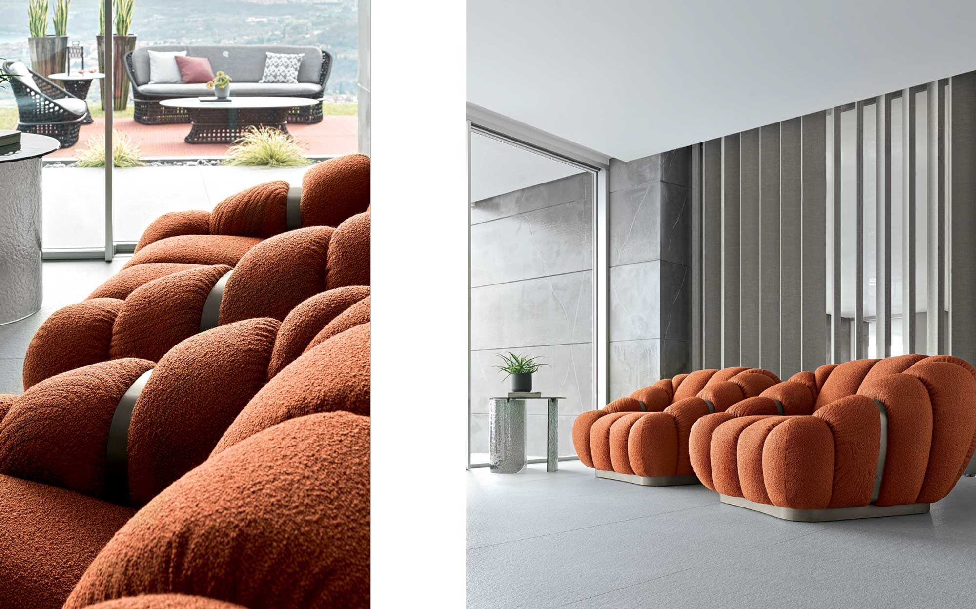 Comfort and sculptural design: bold orange armchairs in a modern setting | 101DOMUS Modern orange armchairs with sculptural padding in a bright elegant space