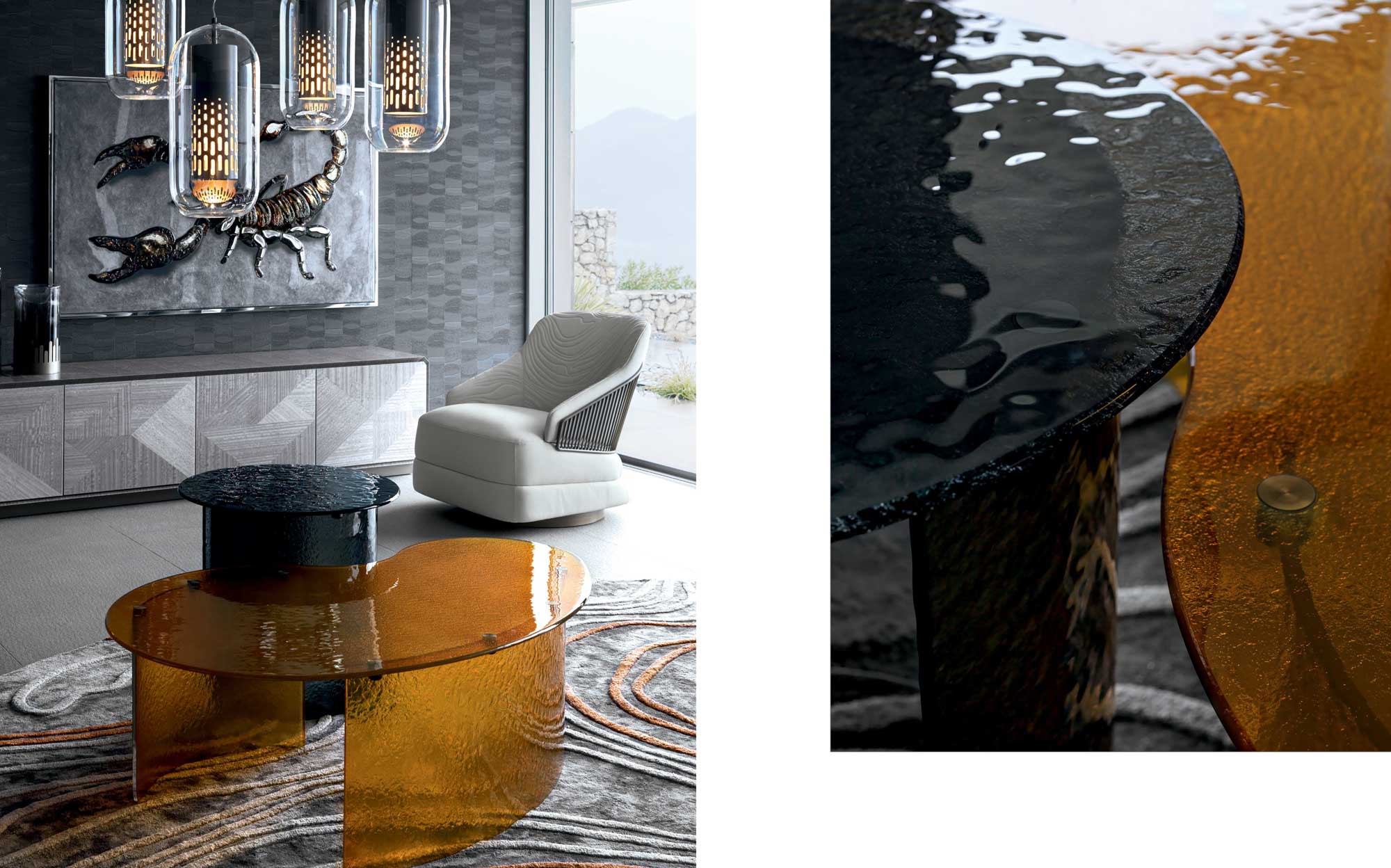 Artistic glass tables: sculptural accent in a contemporary living room | 101DOMUS Modern coffee tables in amber and black glass with textured surfaces in an elegant living room