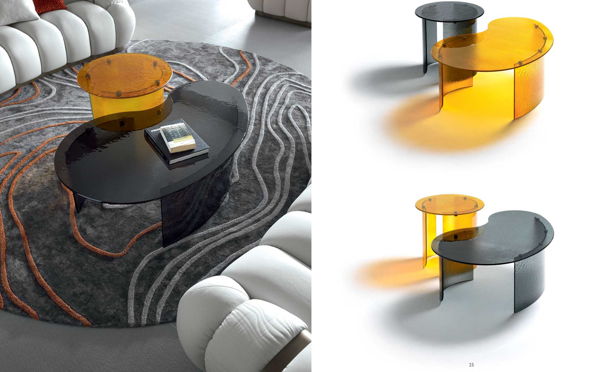 Curved glass sculptural tables: elegance and bold character in a modern living room | 101DOMUS Sculptural coffee tables in curved black and amber glass with glossy finish and organic shapes