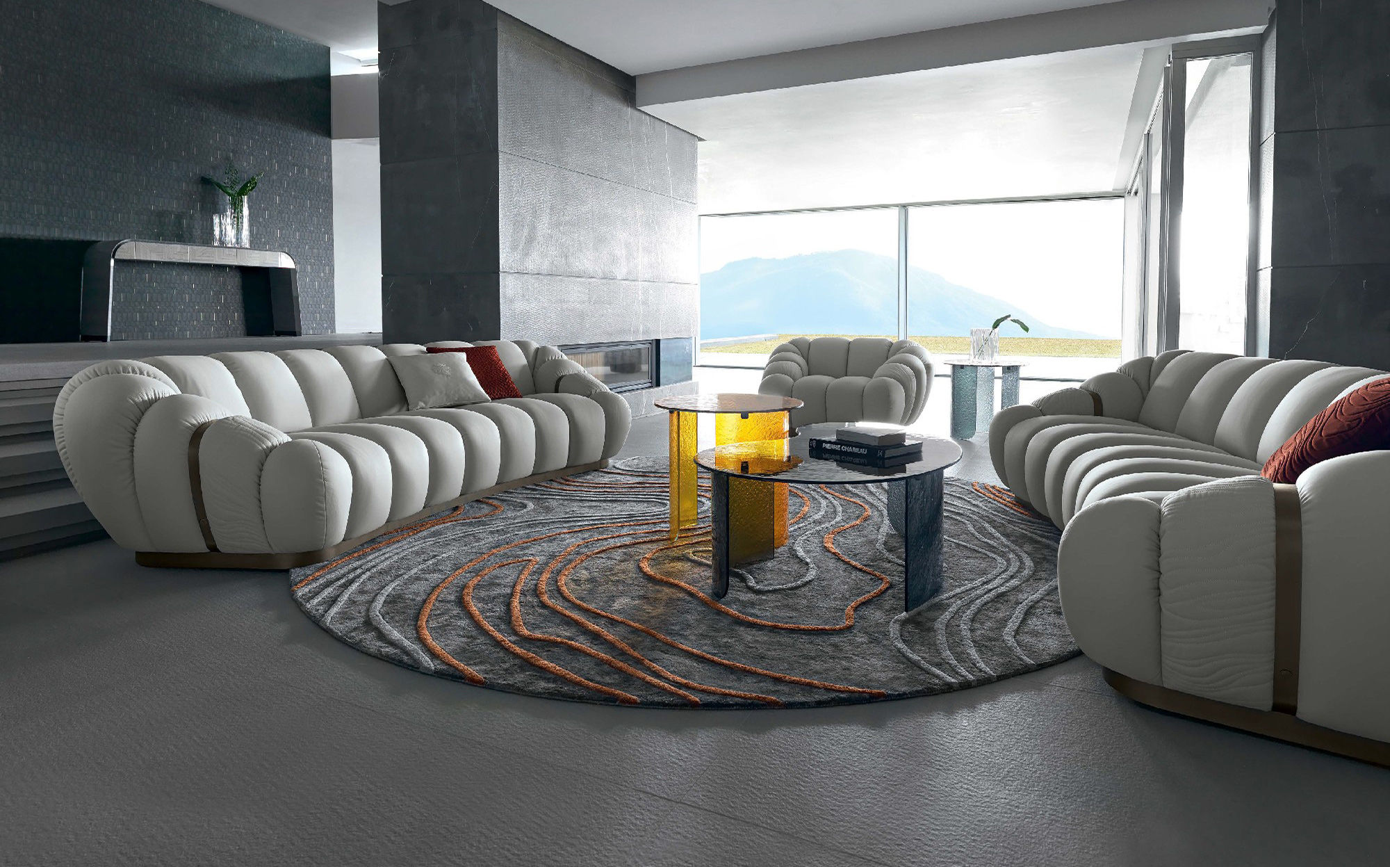 Luxury furnishings with panoramic view and contemporary design | 101DOMUS Elegant living room with white padded sofas and round coffee tables on a modern rug