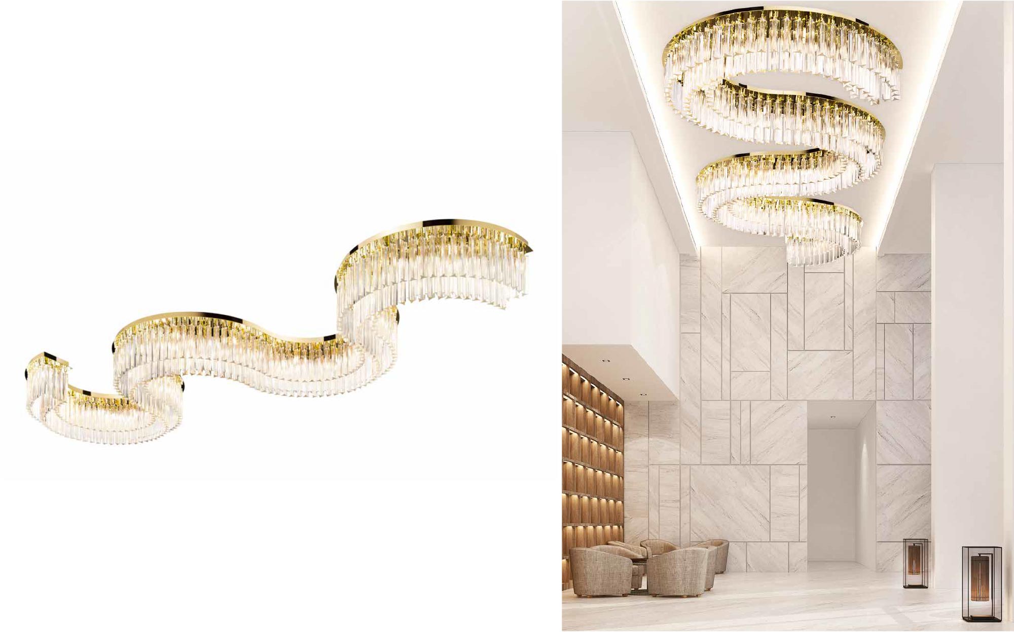 Contemporary chandelier by Il Paralume Marina with a flowing gold metal structure and glass diffusers, statement designer lighting for luxury interiors.