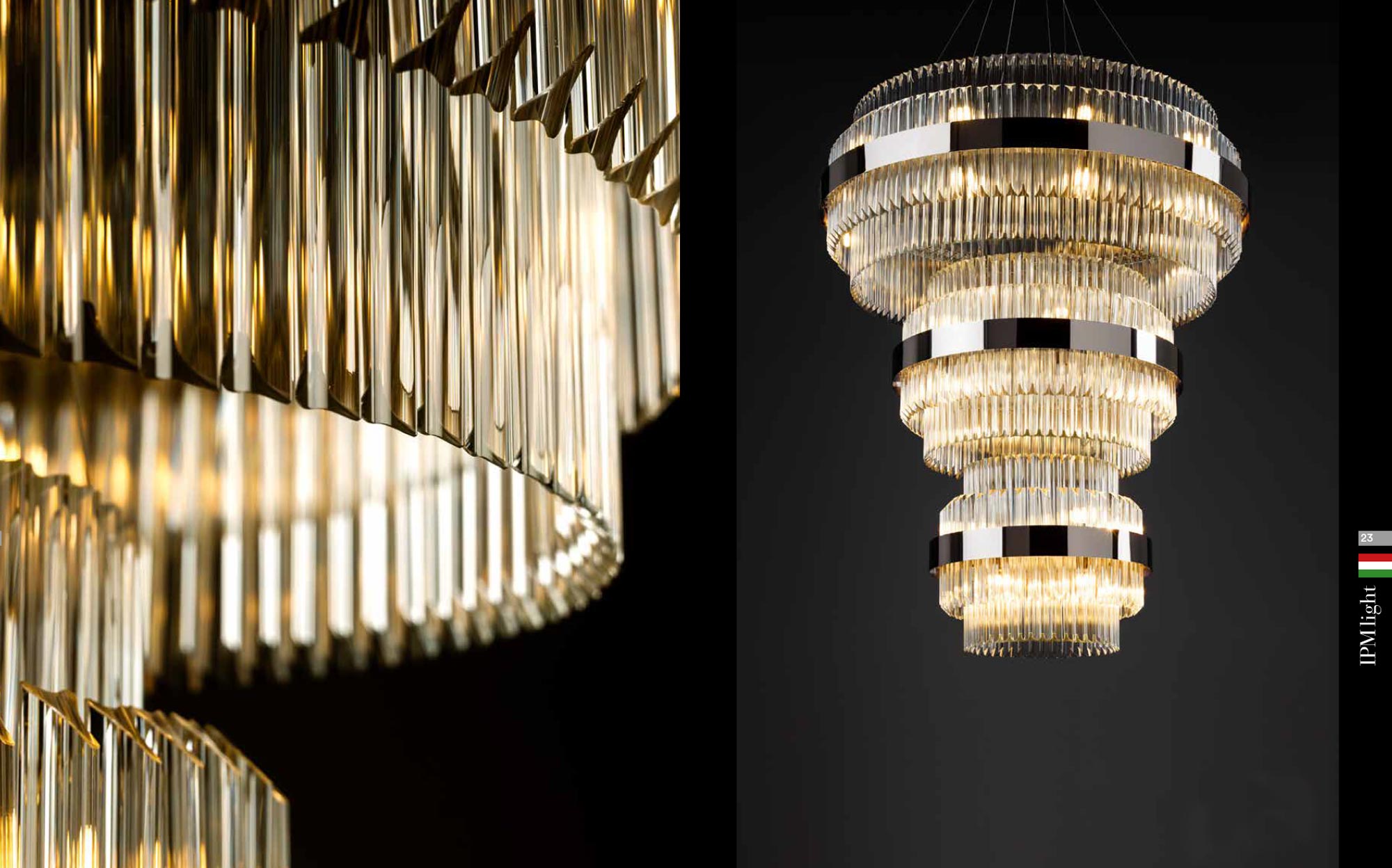 Contemporary chandelier by Il Paralume Marina featuring a multi-tier polished metal structure with ribbed glass diffusers, elegant designer lighting for luxury interiors.
