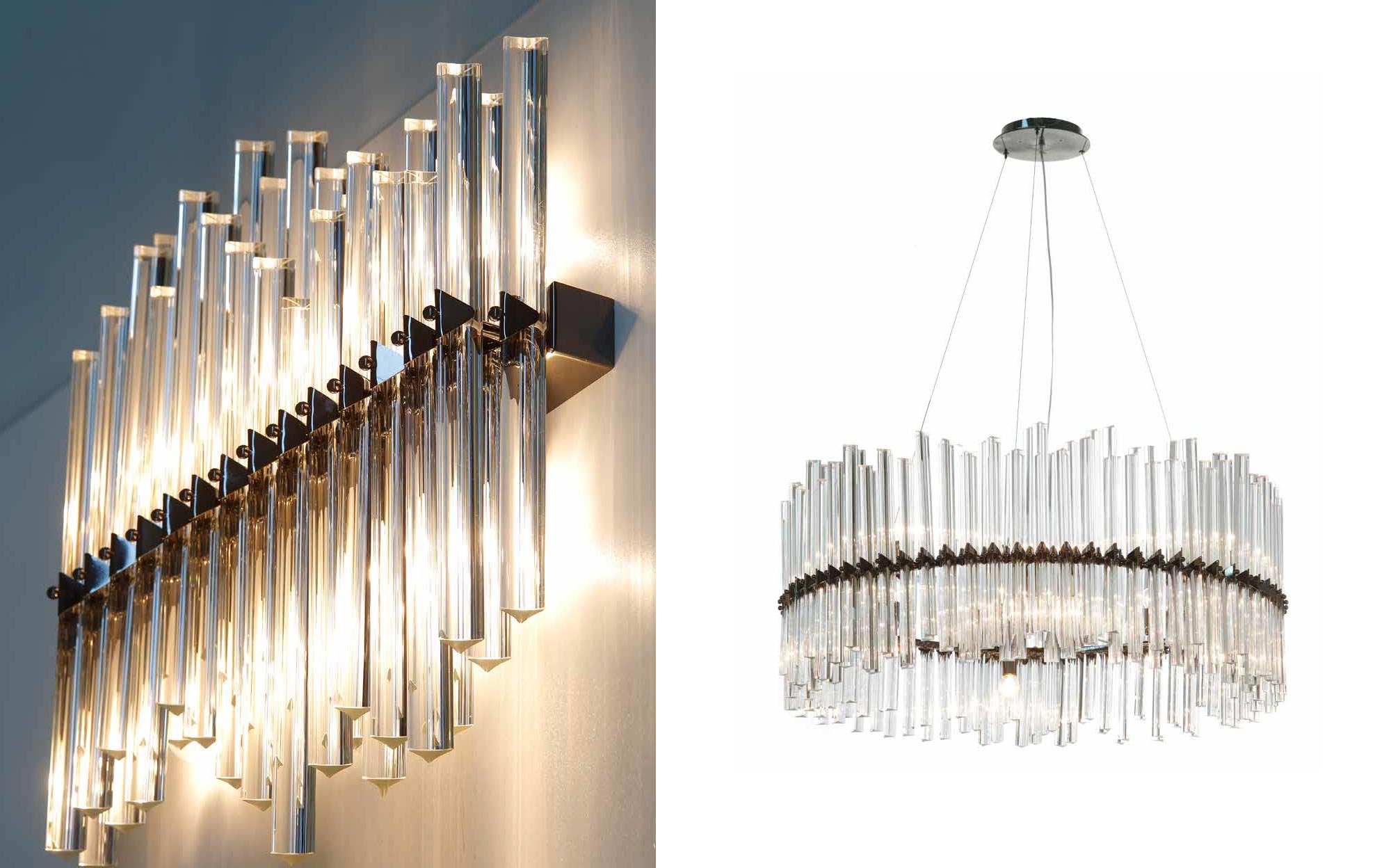 Contemporary chandelier by Il Paralume Marina with circular metal structure and tubular glass diffusers, elegant designer lighting for modern luxury interiors.