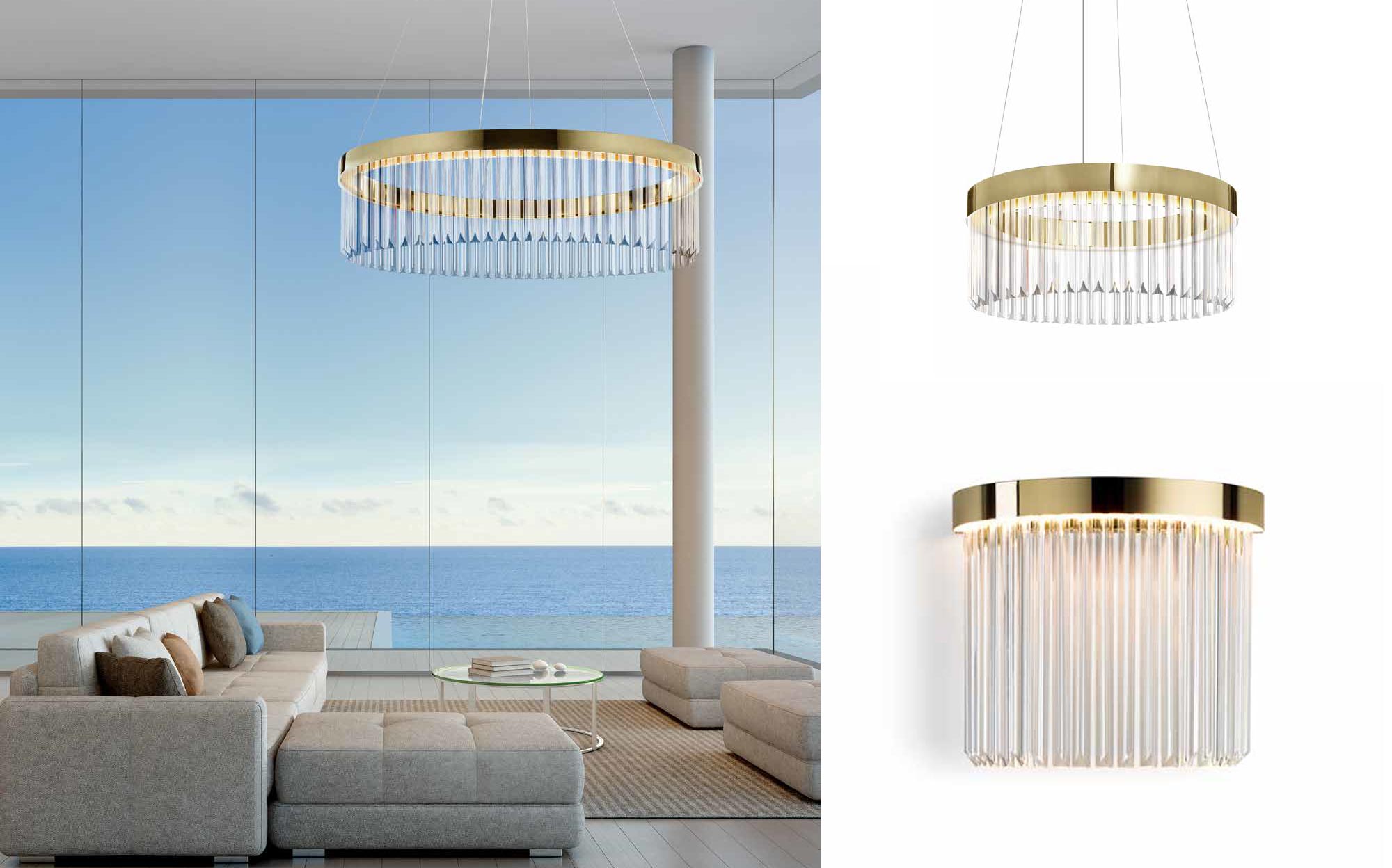 Contemporary chandelier by Il Paralume Marina featuring a circular gold metal frame with ribbed glass diffusers, elegant designer lighting for modern luxury interiors.