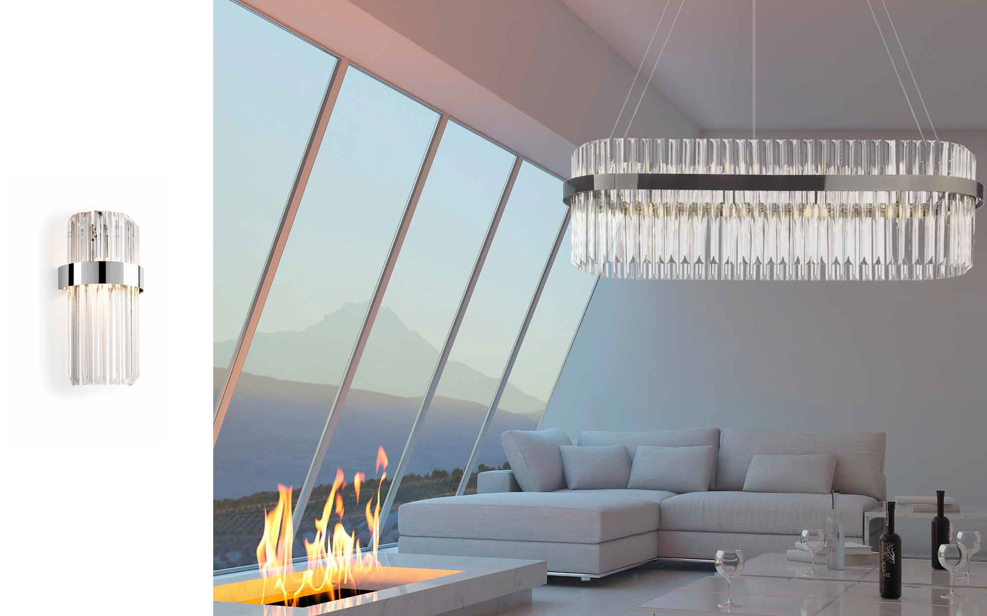 Contemporary chandelier by Il Paralume Marina with polished metal circular frame and ribbed glass diffusers, elegant designer lighting for modern luxury living rooms.