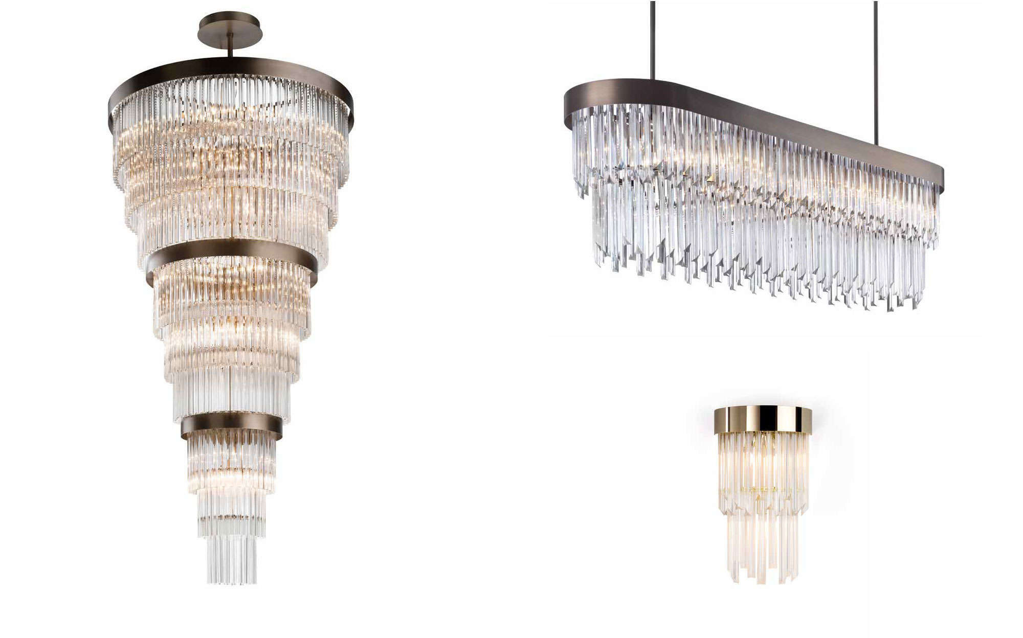 Contemporary chandeliers by Il Paralume Marina featuring metal structures and tubular glass diffusers, elegant designer lighting solutions for luxury interiors.
