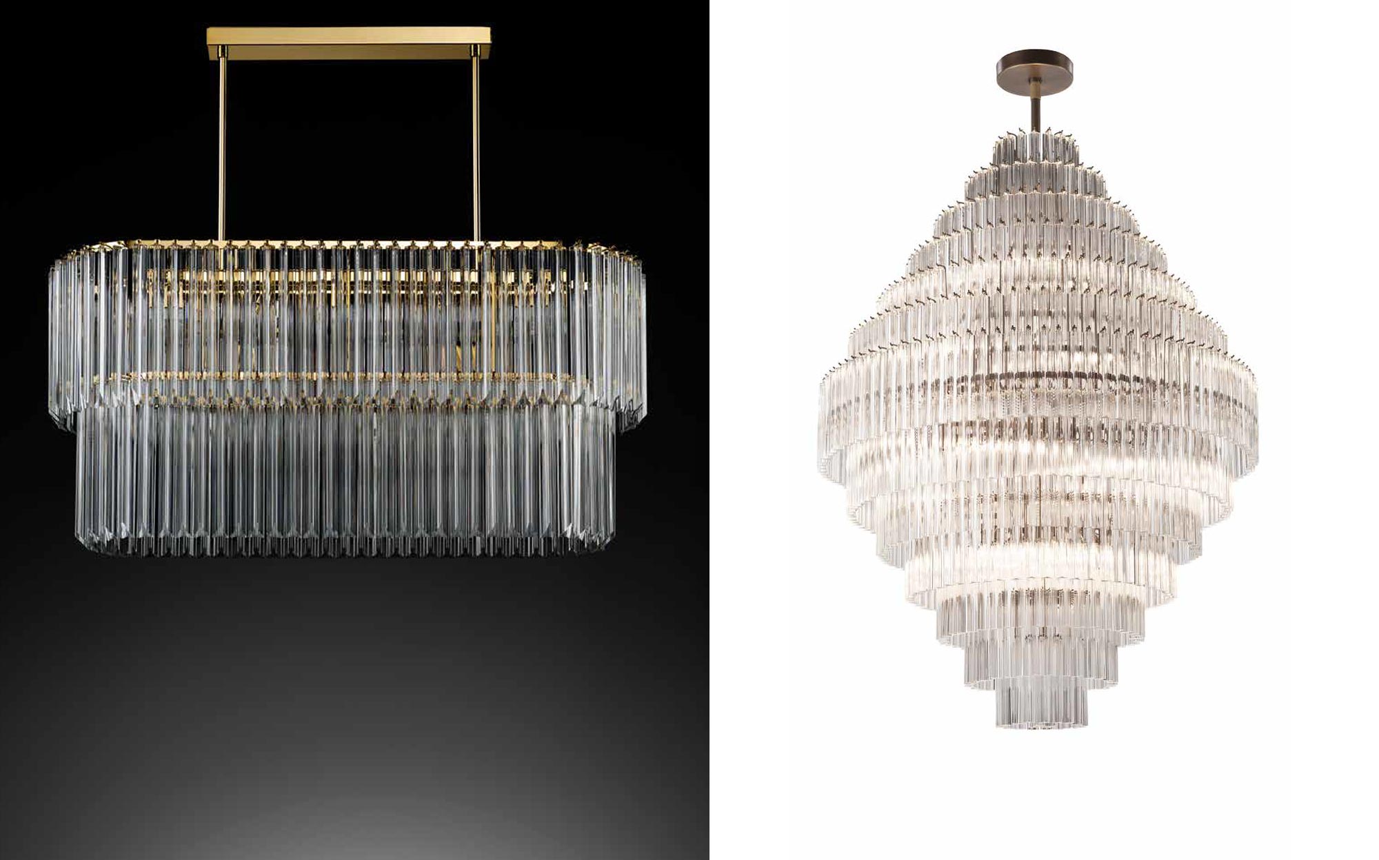 Contemporary chandeliers by Il Paralume Marina featuring metal structures and tubular glass diffusers, elegant designer lighting solutions for modern luxury interiors.