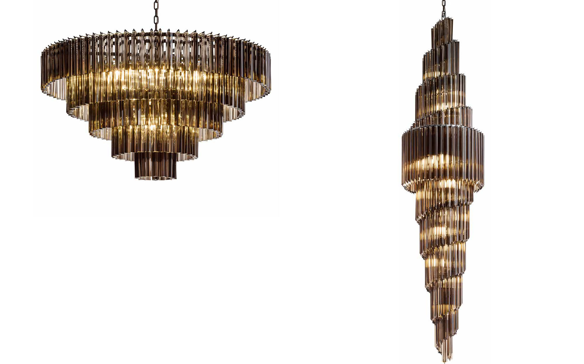 Contemporary chandeliers by Il Paralume Marina featuring multi-tier metal structures with tubular glass diffusers, statement designer lighting for luxury interiors.