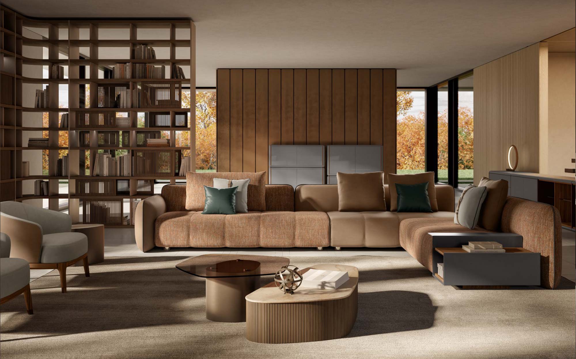 Elegant Italian lounge with integrated shelving and soft lines by Meroni & Colzani | 101DOMUS Designer living room with built-in bookcase and curved furniture by Meroni & Colzani | 101DOMUS