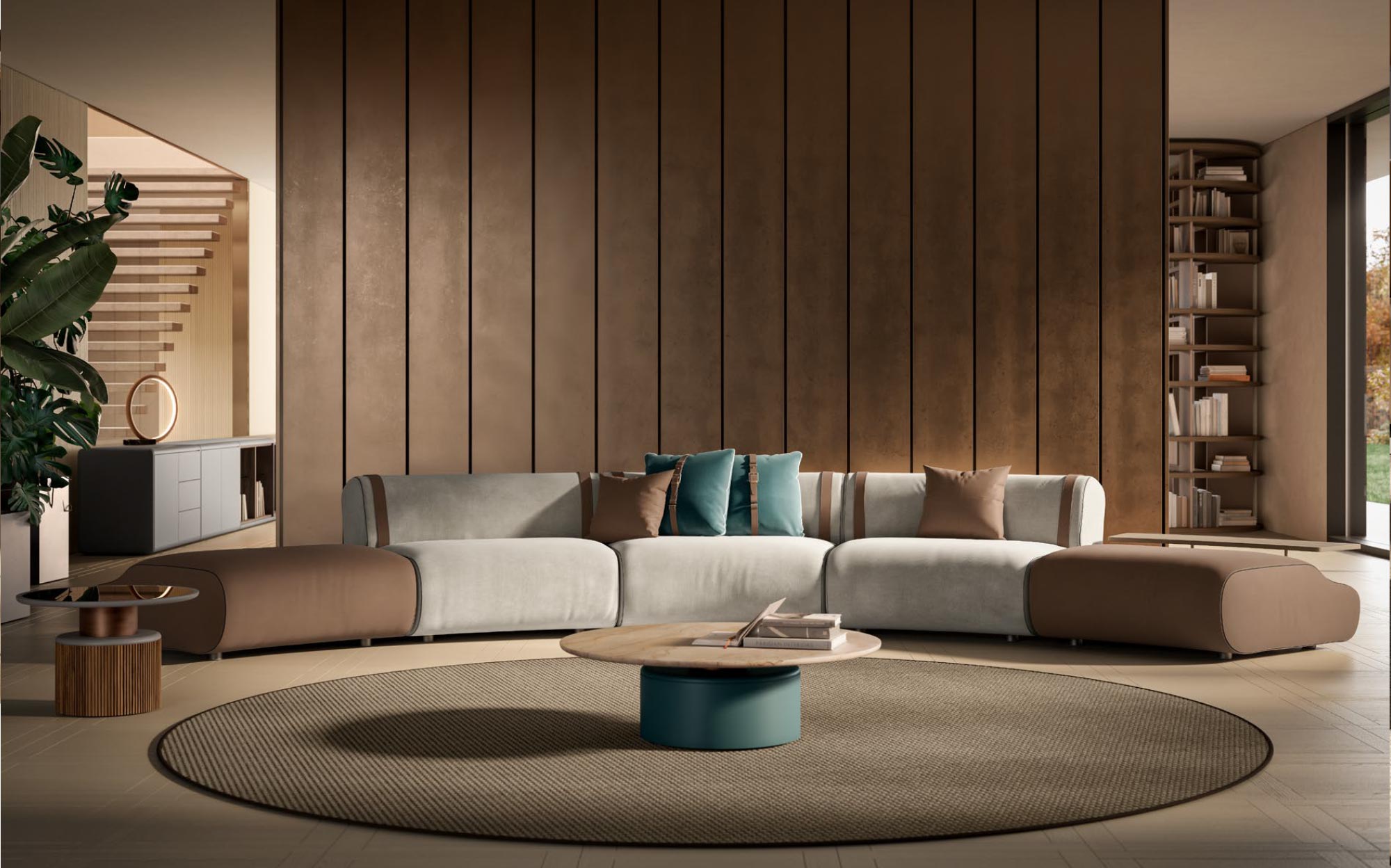 Spacious and cozy living area with Italian modular design by Meroni & Colzani | 101DOMUS Large modular sofa in earth tones with round rug by Meroni & Colzani | 101DOMUS