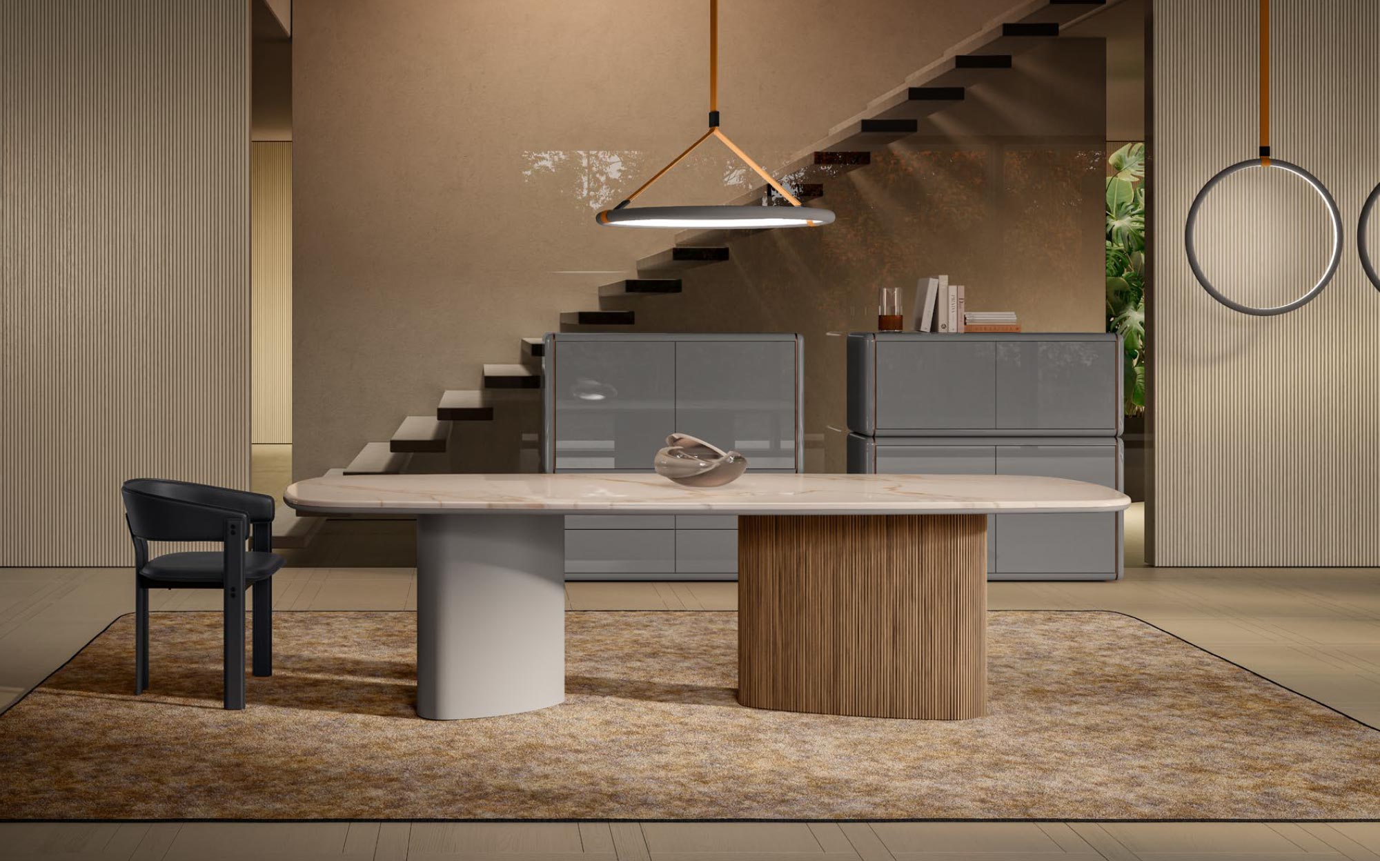 Home office with contemporary design and premium finishes by Meroni & Colzani | 101DOMUS Refined workspace with sculptural desk and sideboards by Meroni & Colzani | 101DOMUS