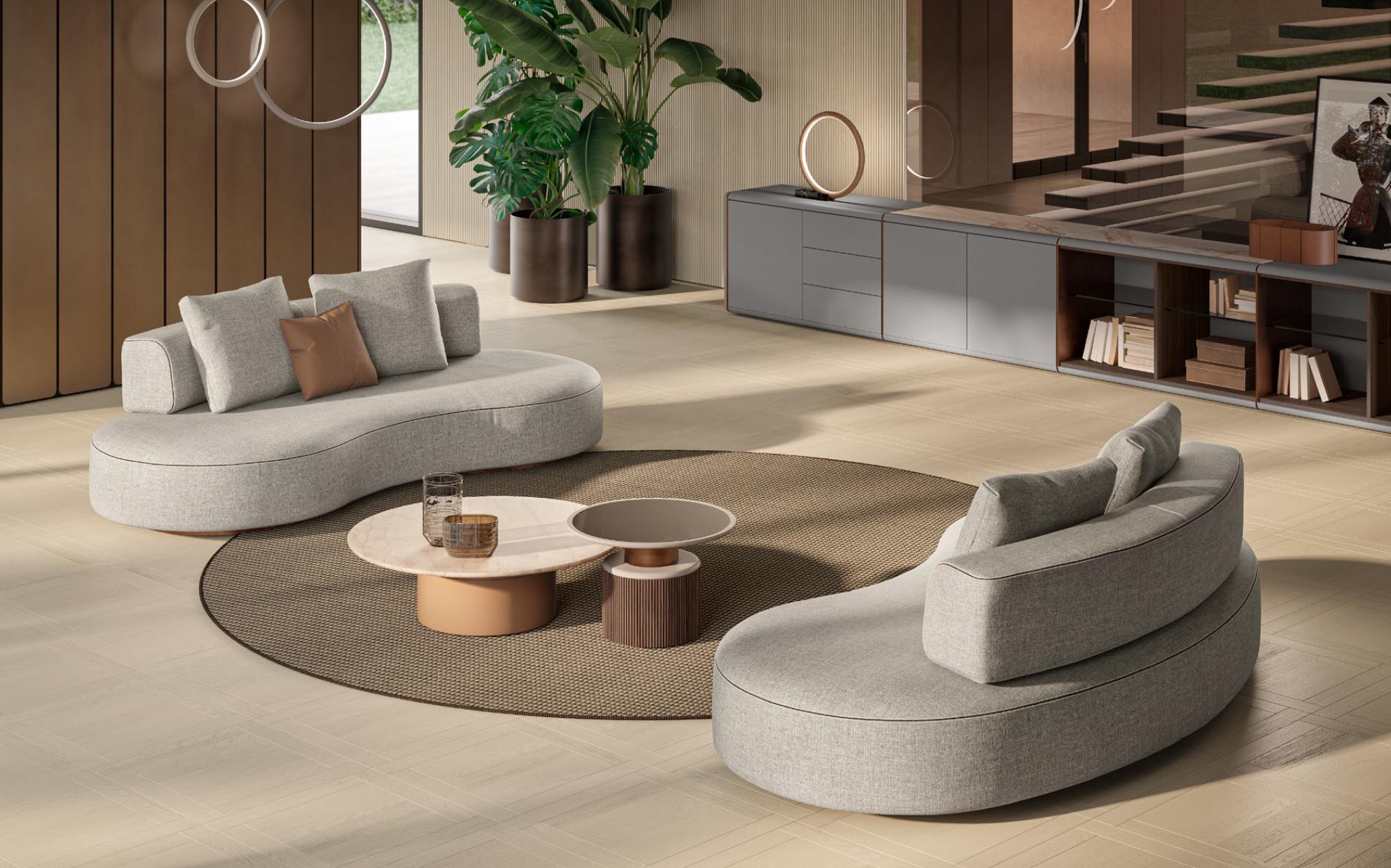 Elegant Italian lounge composition with soft shapes by Meroni & Colzani | 101DOMUS Curved sofas with round coffee tables in a contemporary living space by Meroni & Colzani | 101DOMUS