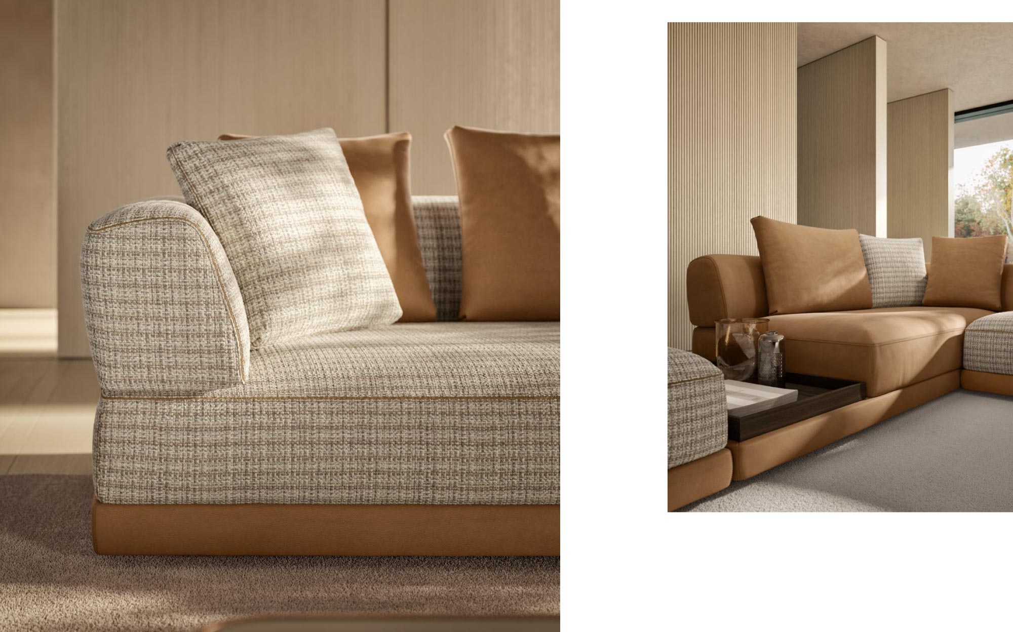 Detail of Italian-crafted elements from Meroni & Colzani interiors | 101DOMUS Modular seating and bedroom headboard details from Meroni & Colzani | 101DOMUS