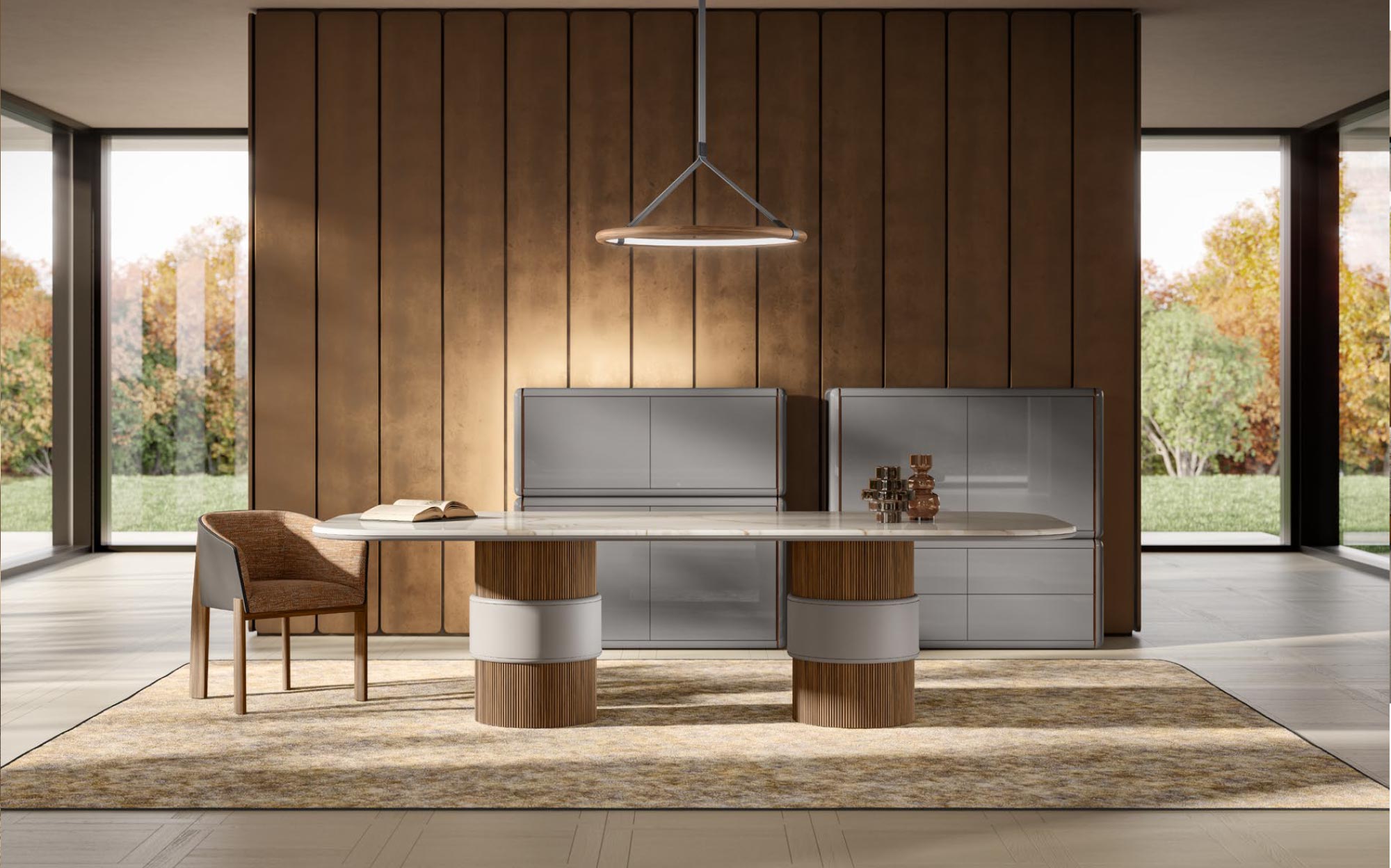 Contemporary dining design with sleek lines by Meroni & Colzani | 101DOMUS Dining room with round-edge table and vertical panel wall by Meroni & Colzani | 101DOMUS