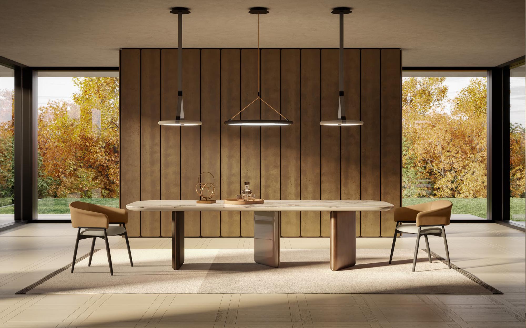 Contemporary dining furniture in natural tones for luxury interiors | 101DOMUS Elegant dining room with wooden table and chairs by Meroni & Colzani | 101DOMUS