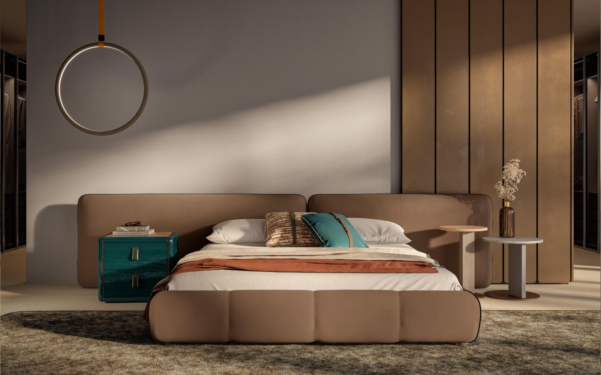 Luxury Italian bedroom setup with minimal lines and refined atmosphere | 101DOMUS Designer bedroom with modern upholstered bed by Meroni & Colzani | 101DOMUS