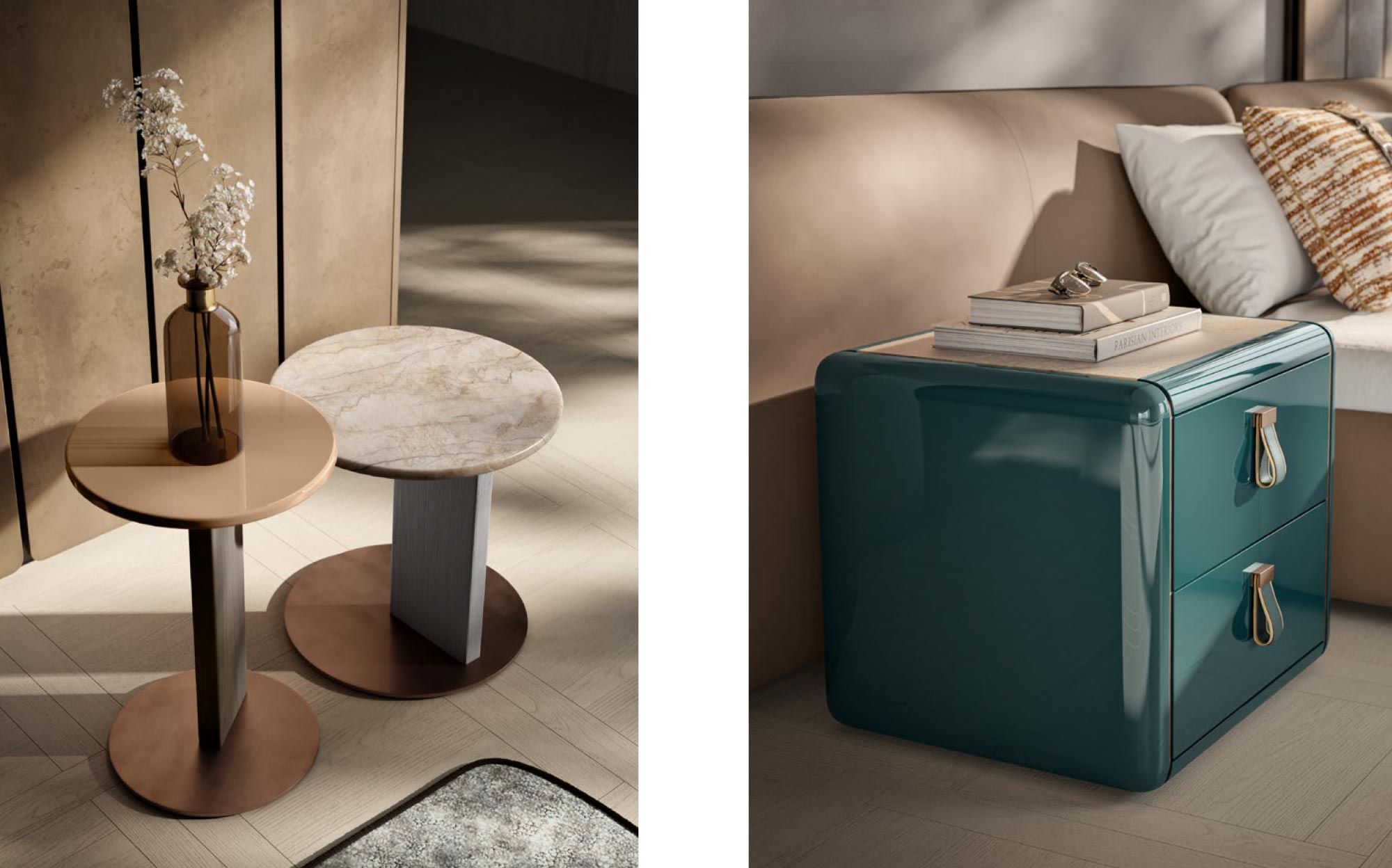 Refined bedroom accessories with designer identity by Meroni & Colzani | 101DOMUS Bedside table, reading chair and luxury nightstand by Meroni & Colzani | 101DOMUS