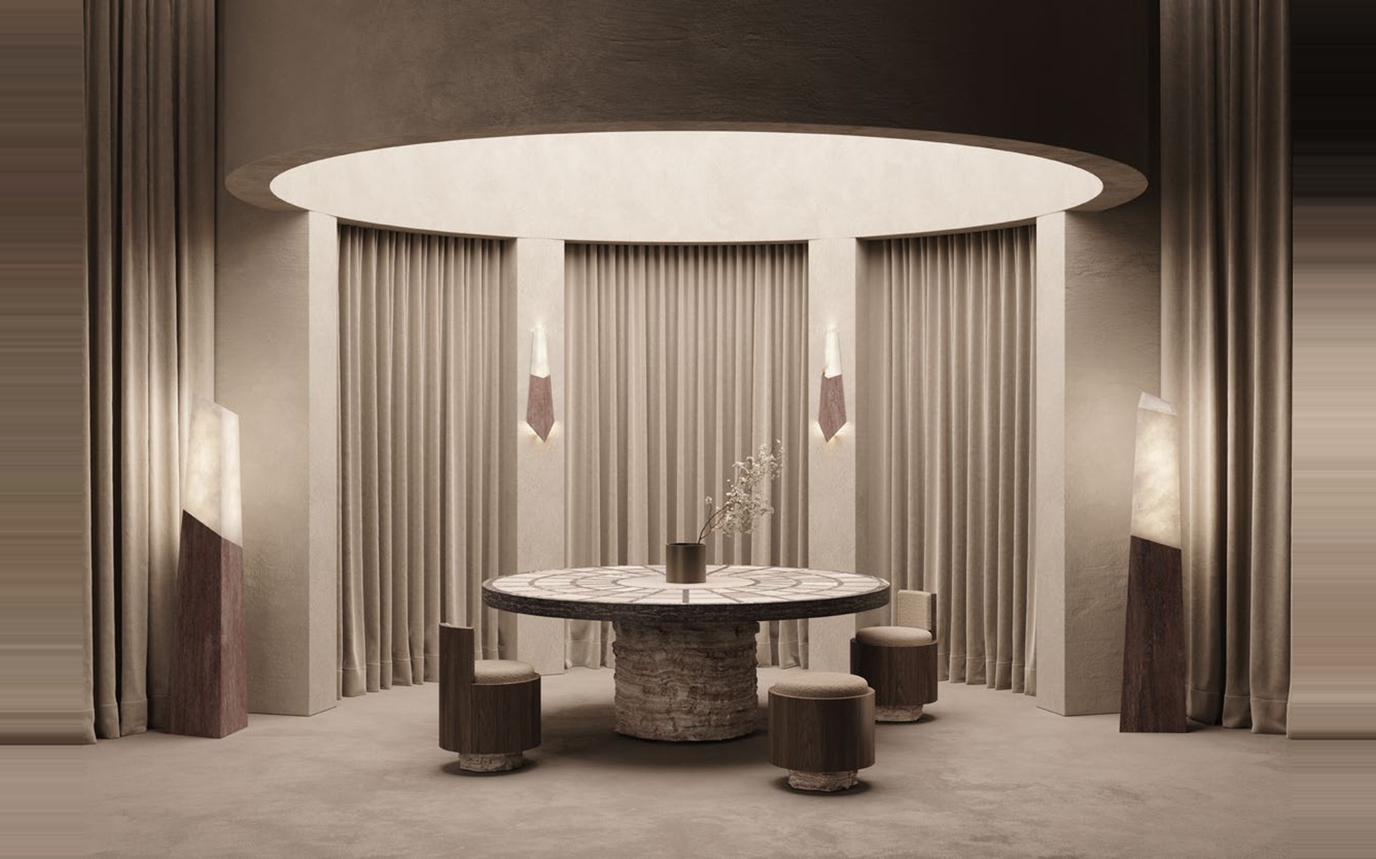 Tecton Luxury Dining Room by Monitillo1980 Monitillo1980 Tecton luxury dining room with sculptural natural stone furniture, contemporary Italian interior design