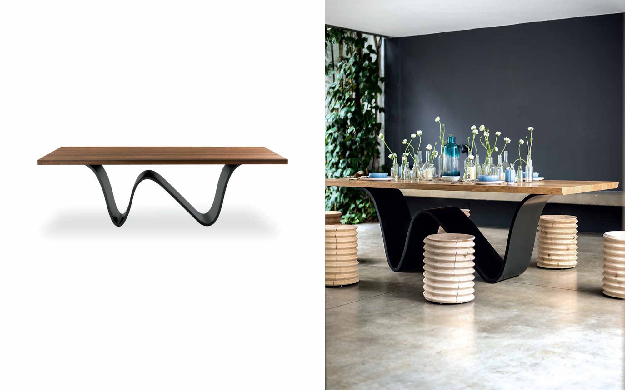 Designer solid wood table with sculptural metal base &ndash; Riva1920