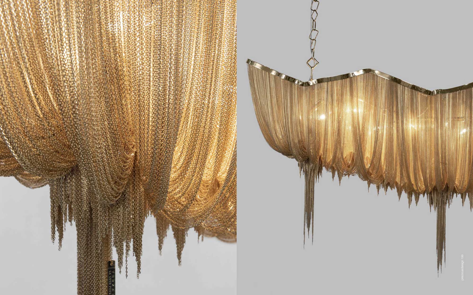 Terzani chandelier with golden chains and sculptural design for contemporary luxury interiors | 101DOMUS Detail and full view of a Terzani chandelier with draped golden chains and wavy structure