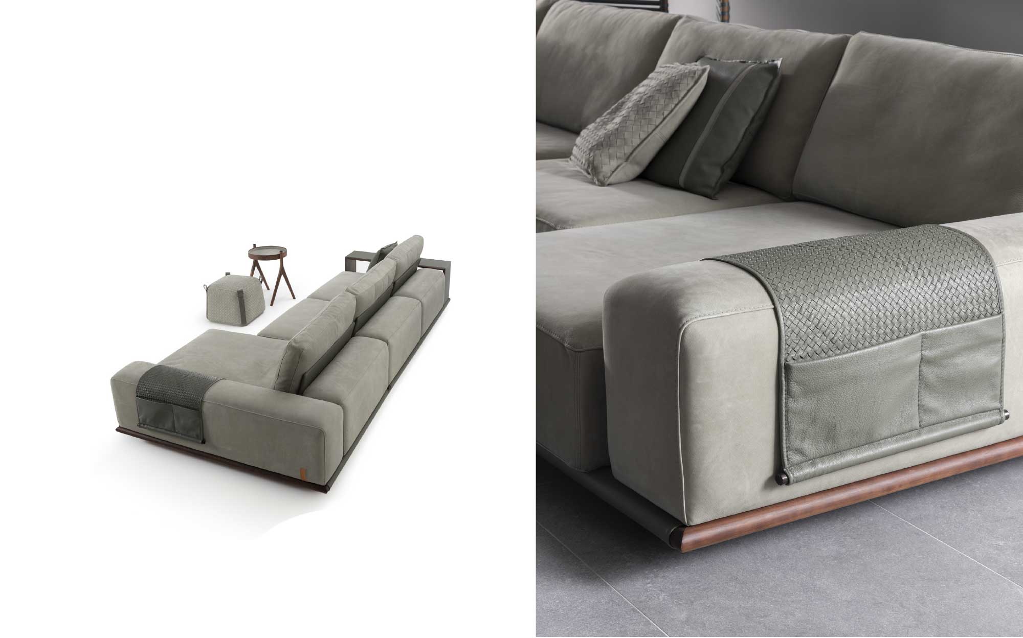 Крупный план дивана с декоративной строчкой и встроенными аксессуарами – коллекция Ulivi 2023 | 101DOMUS