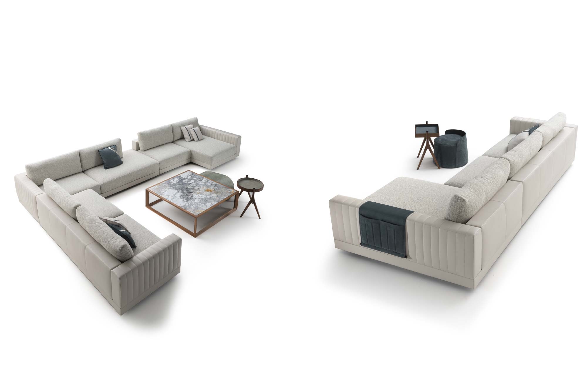 Светлый угловой диван с декоративной строчкой и скульптурными кофейными столиками – коллекция Ulivi 2023 | 101DOMUS