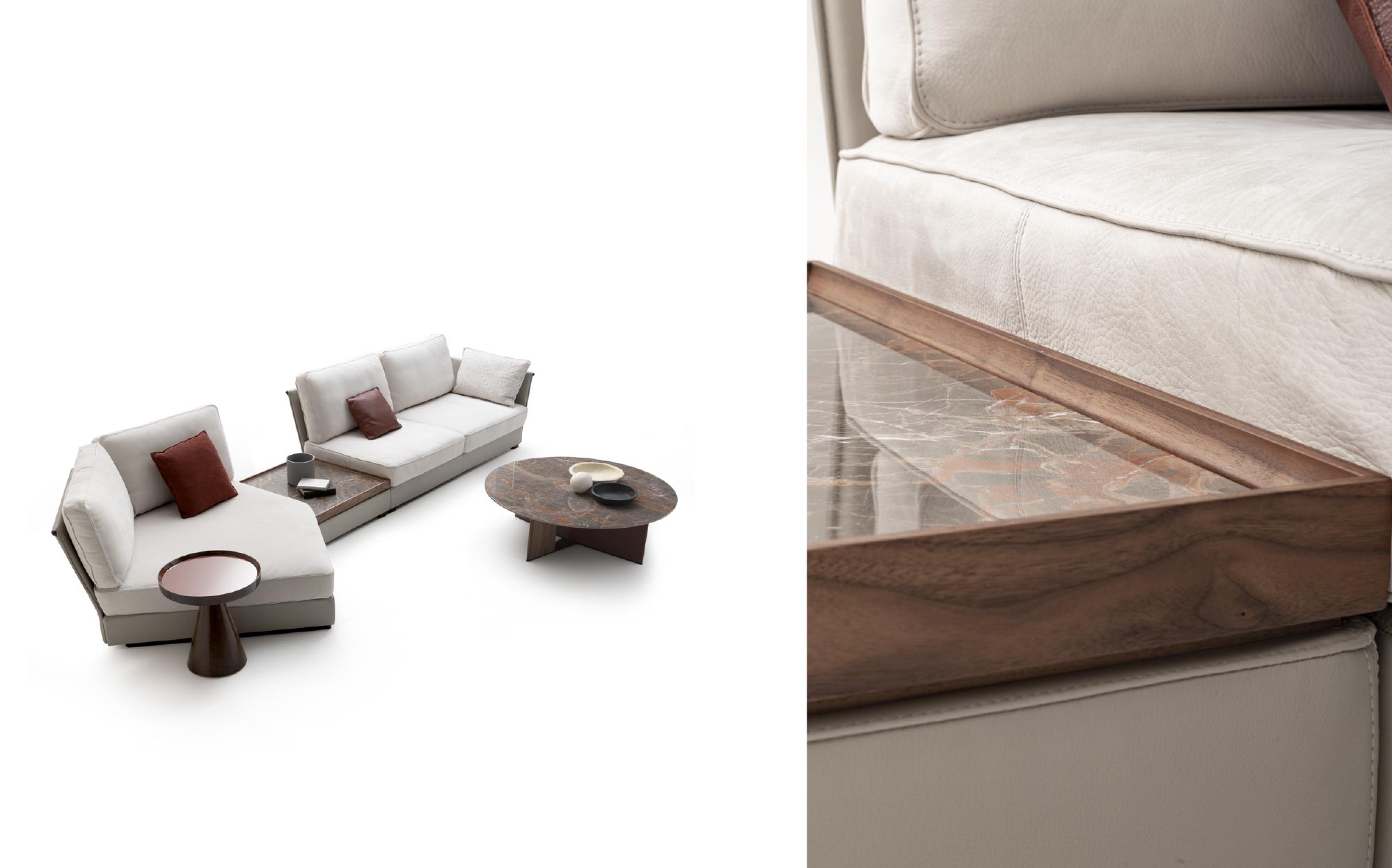 Уютная зона отдыха с модульными диванами изогнутой формы и круглыми столами – коллекция Ulivi 2023 | 101DOMUS