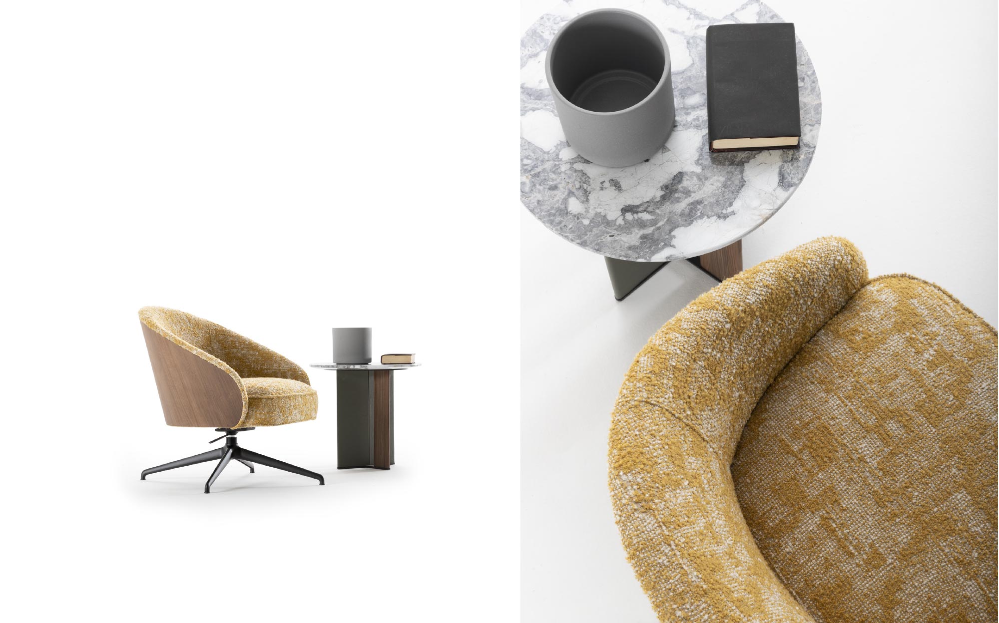 Вращающееся кресло в горчичном бархате и круглый журнальный столик с мраморной столешницей – коллекция Ulivi 2023 | 101DOMUS