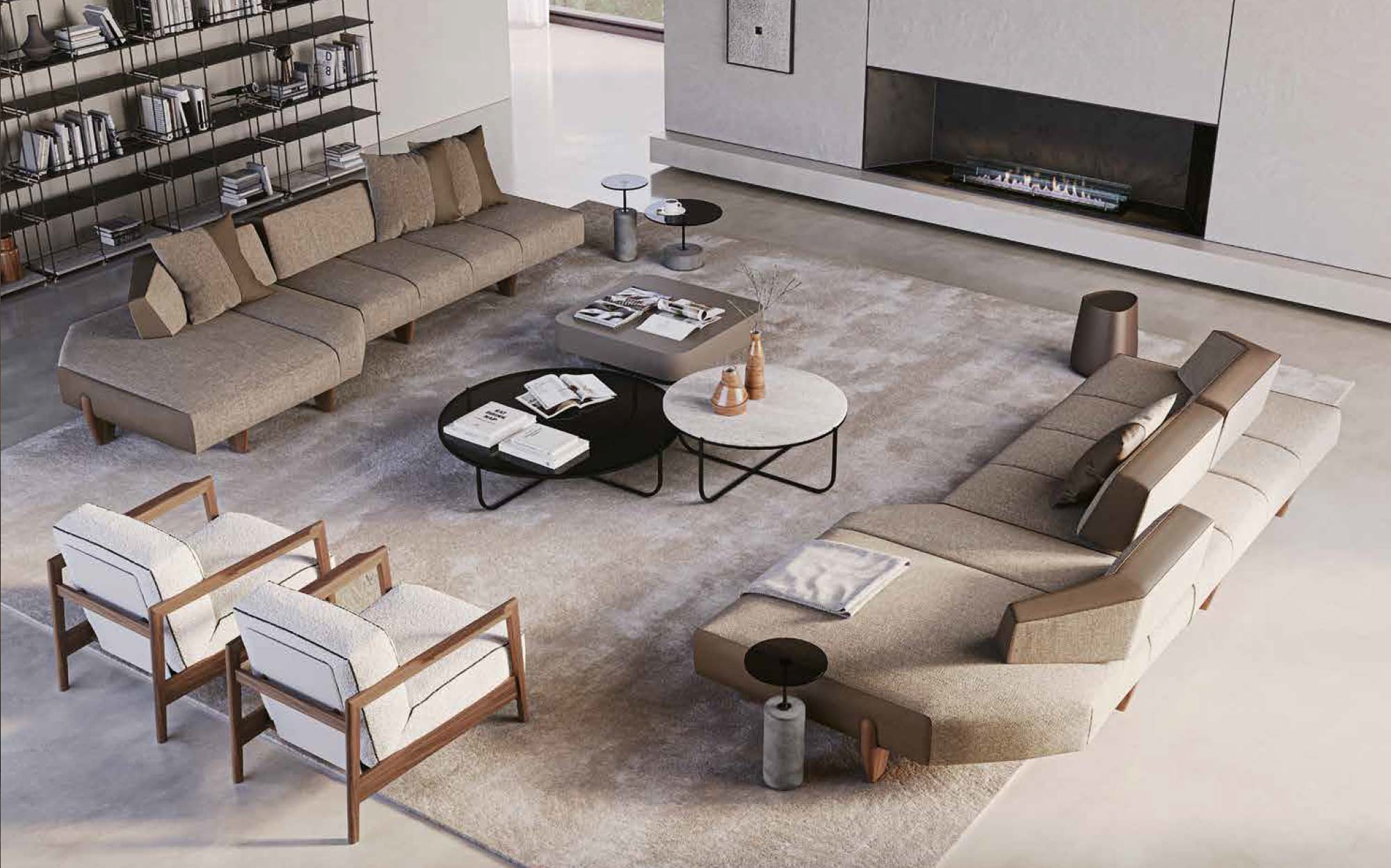 Modular living room composition with neutral-tone sofa and integrated fireplace – Express Yourself Collection by Vibieffe | 101DOMUS