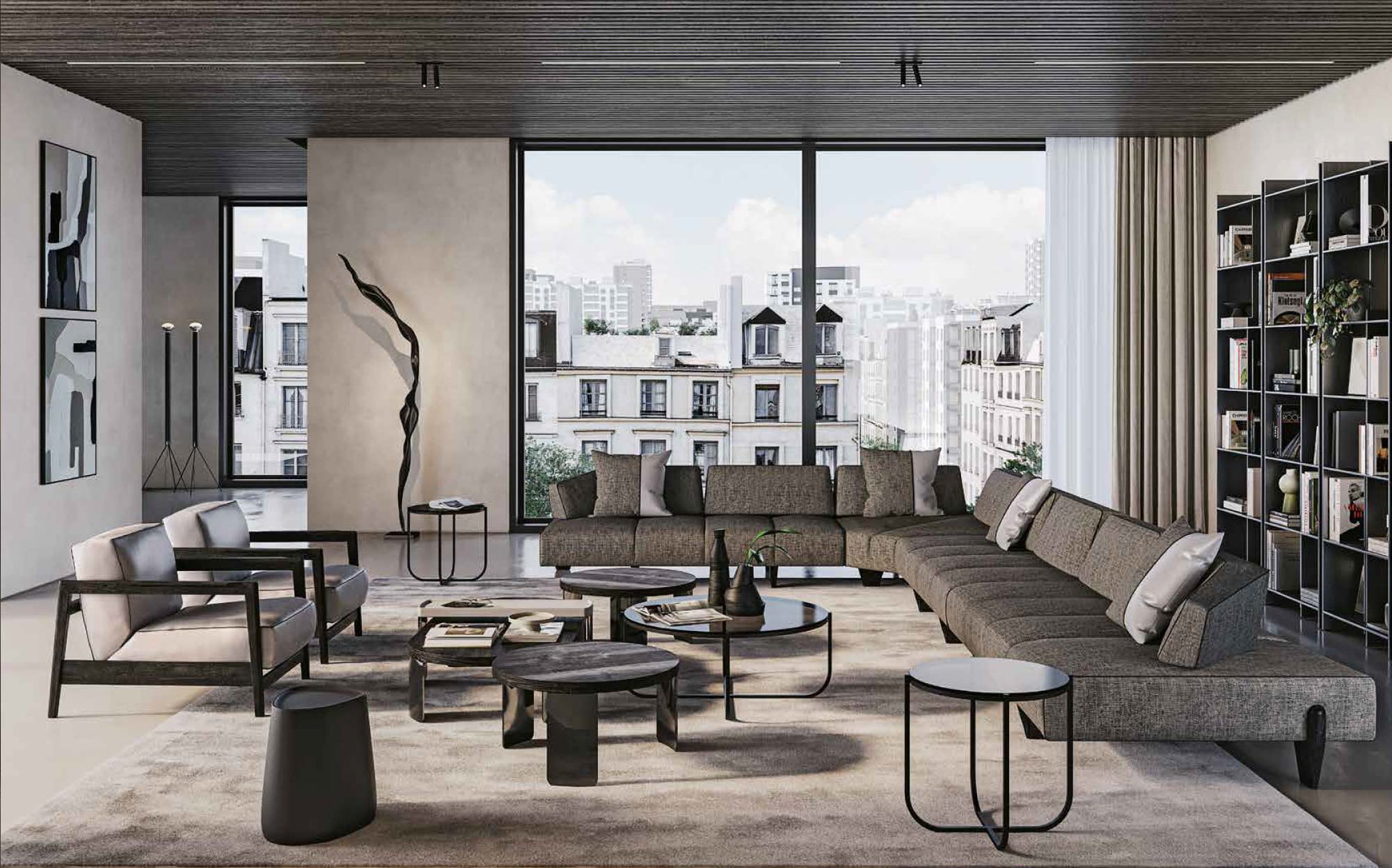 Urban living space with large L-shaped sofa and panoramic windows – Express Yourself Collection by Vibieffe | 101DOMUS