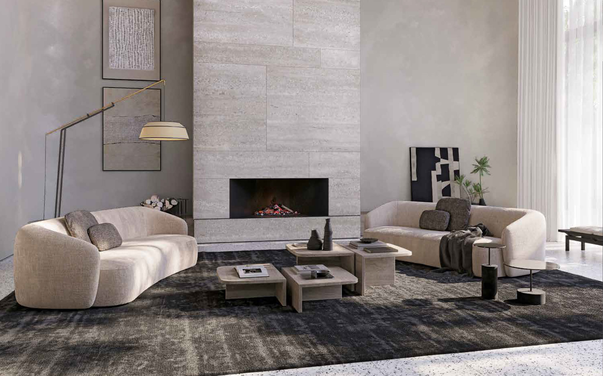 Contemporary living with sculptural coffee tables and beige upholstered sofa – Express Yourself Collection by Vibieffe | 101DOMUS